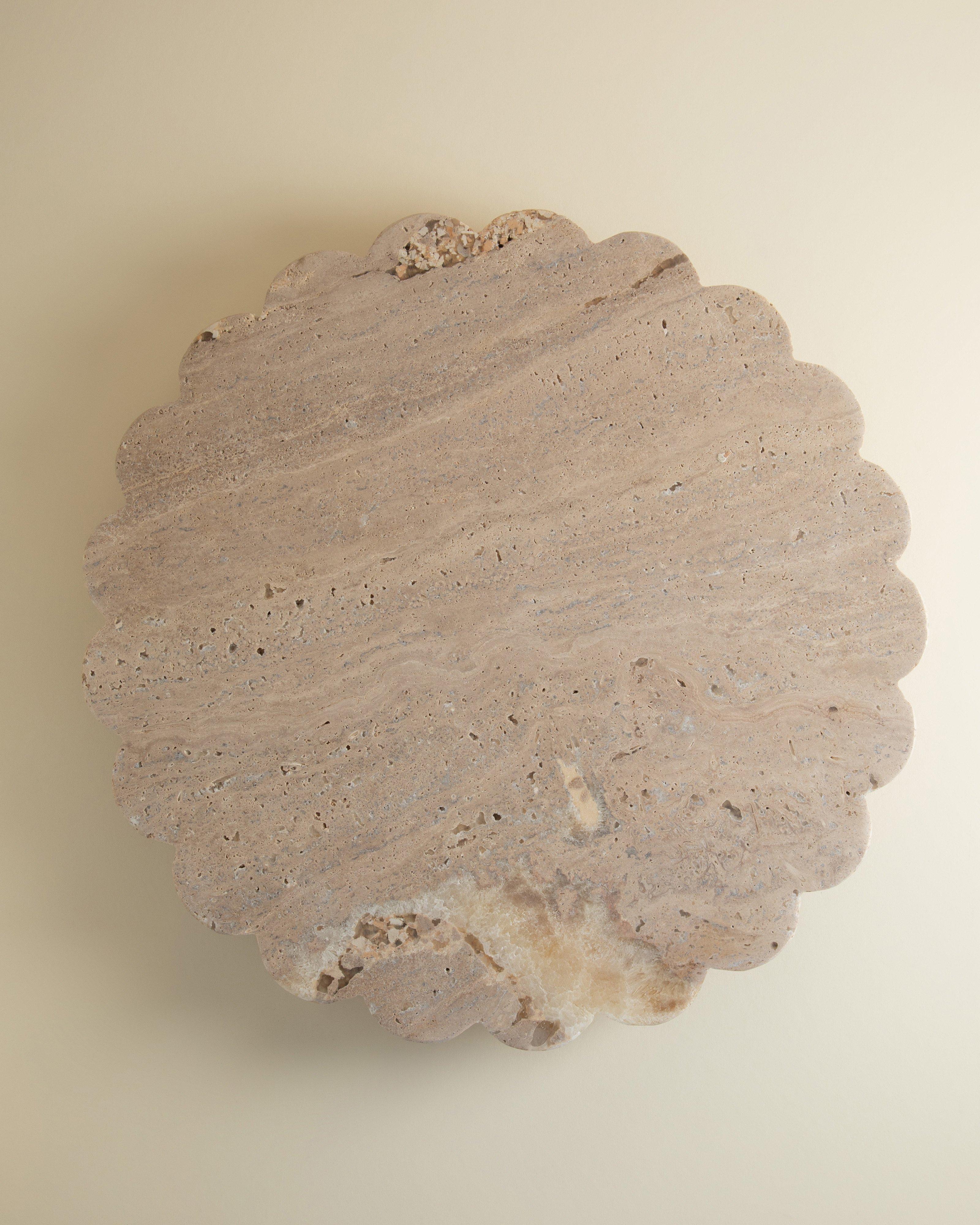 Round Scalloped Travertine Lazy Susan -  Taupe