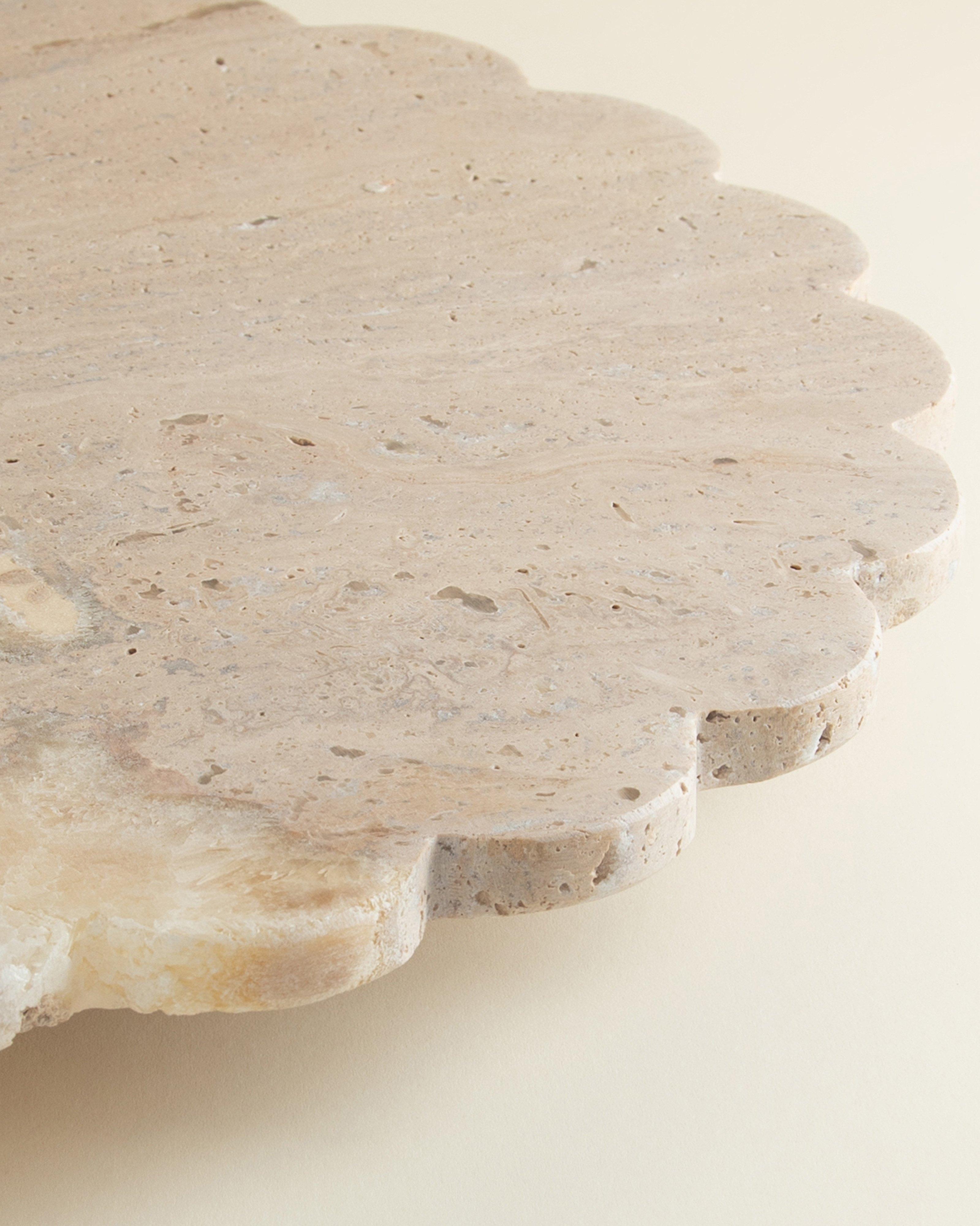 Round Scalloped Travertine Lazy Susan -  Taupe