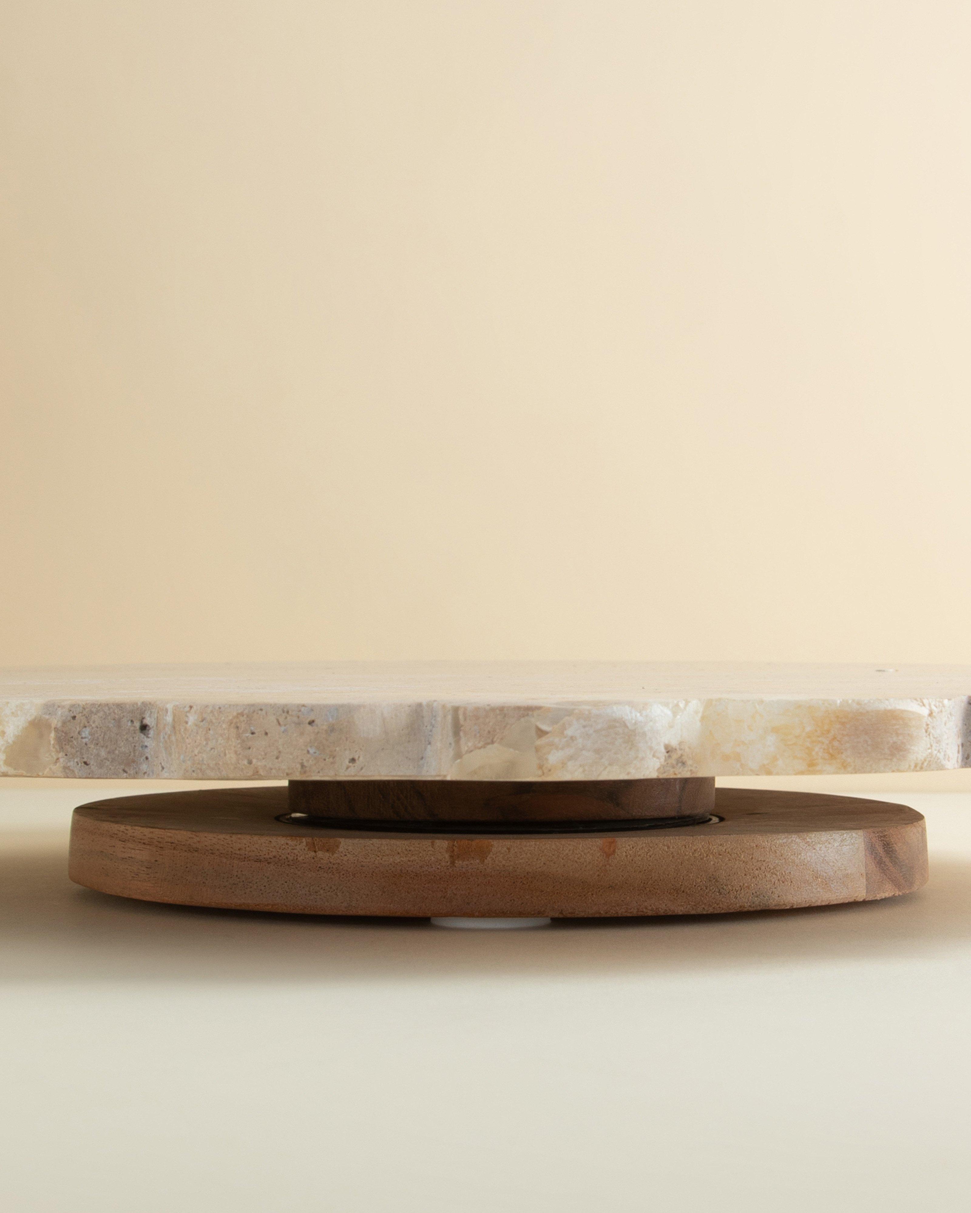 Round Scalloped Travertine Lazy Susan -  Taupe