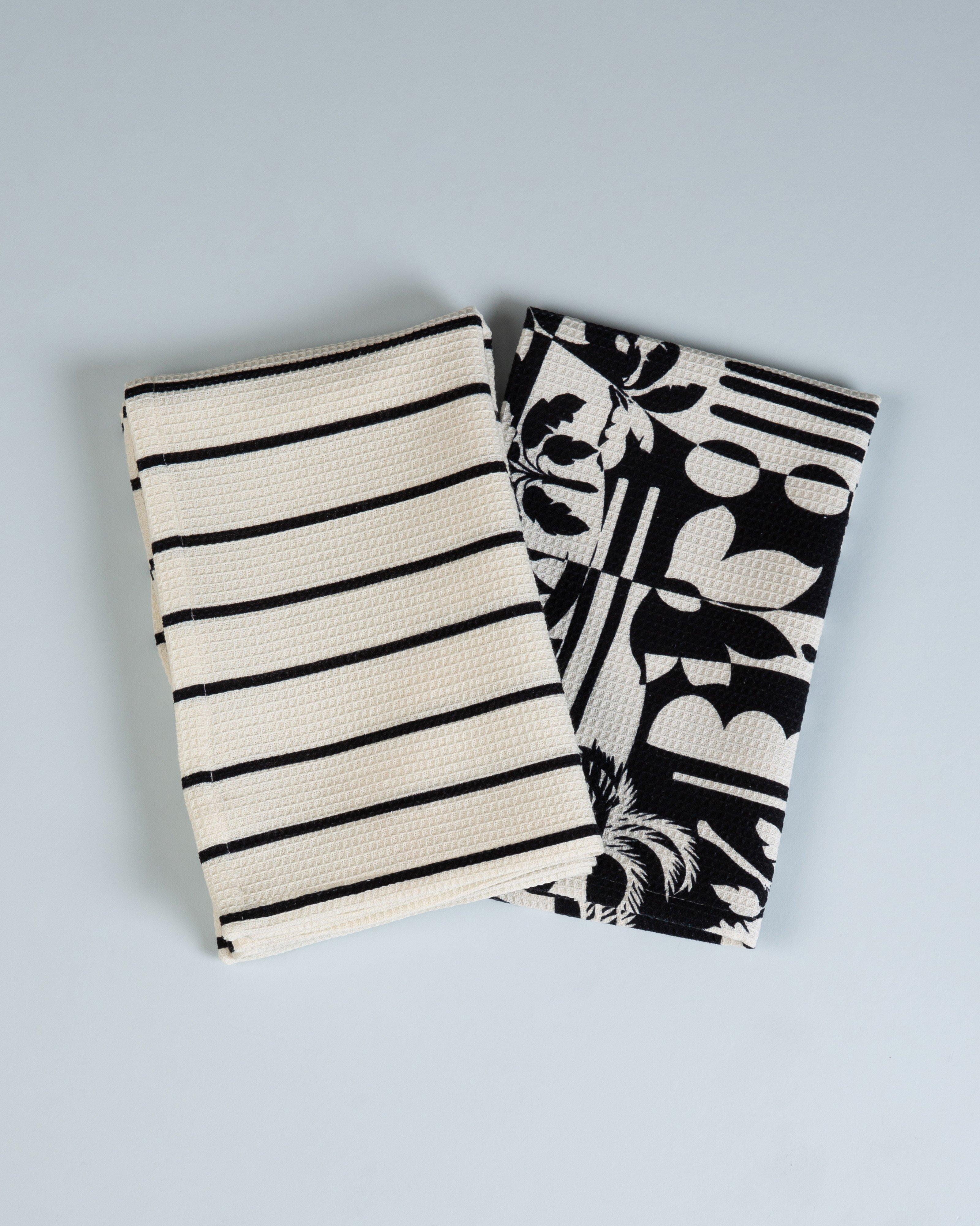 Rea Abstract and Stripe Tea Towel Set -  Black