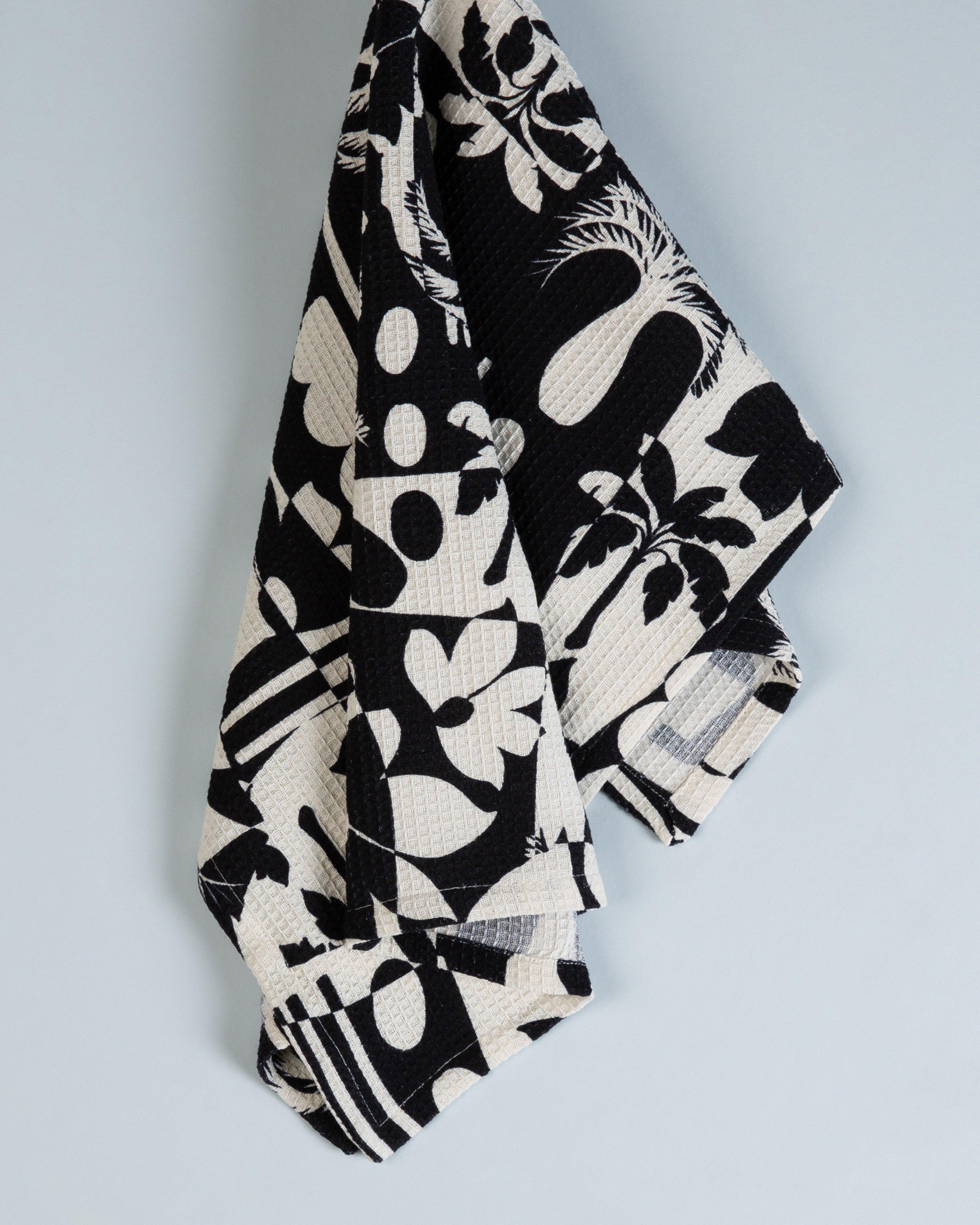 Rea Abstract and Stripe Tea Towel Set -  Black