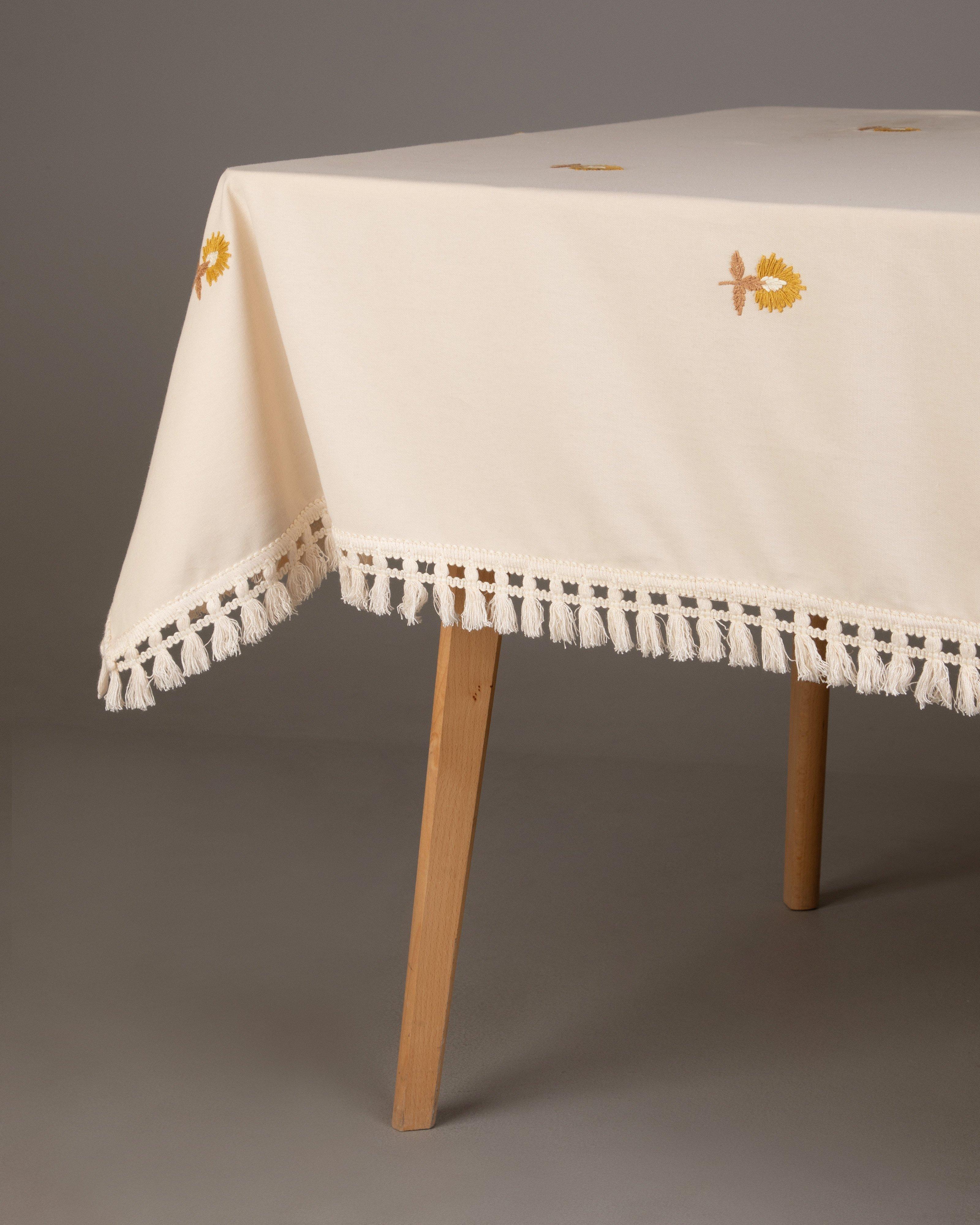 Lea Tassel Embroidered Tablecloth  -  Milk