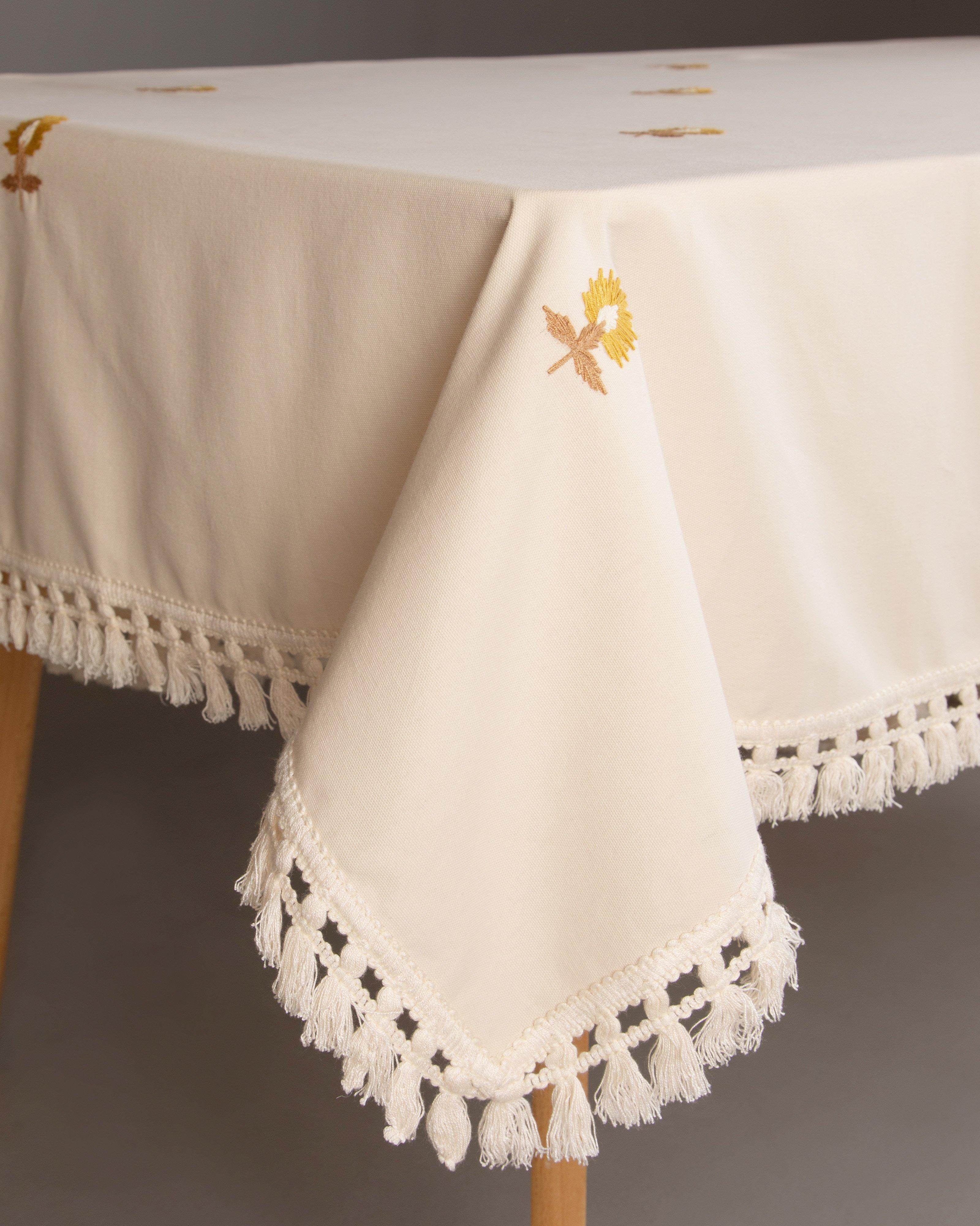 Lea Tassel Embroidered Tablecloth  -  Milk