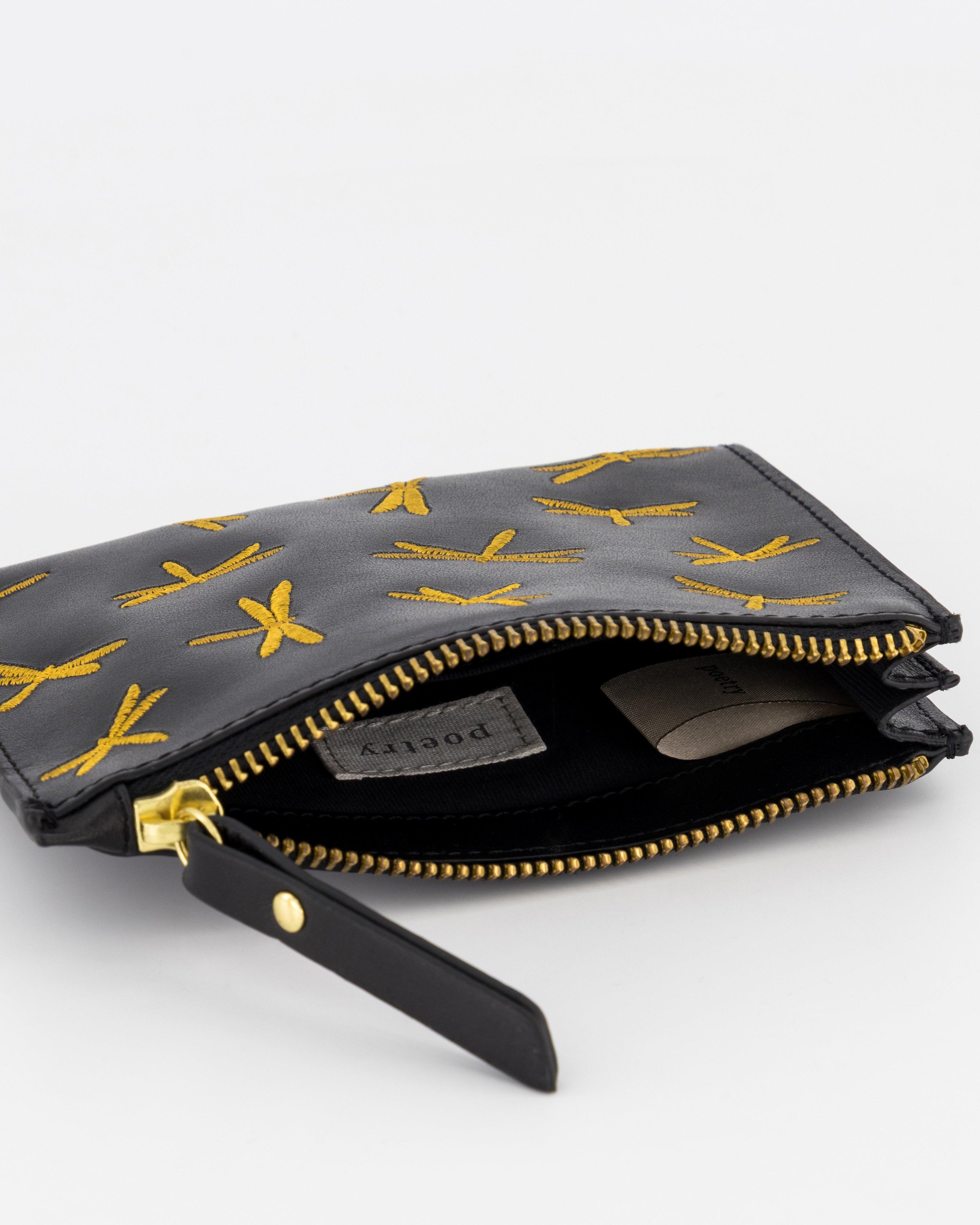 Marrian DragonFly Embroidered Leather Pouch -  Black