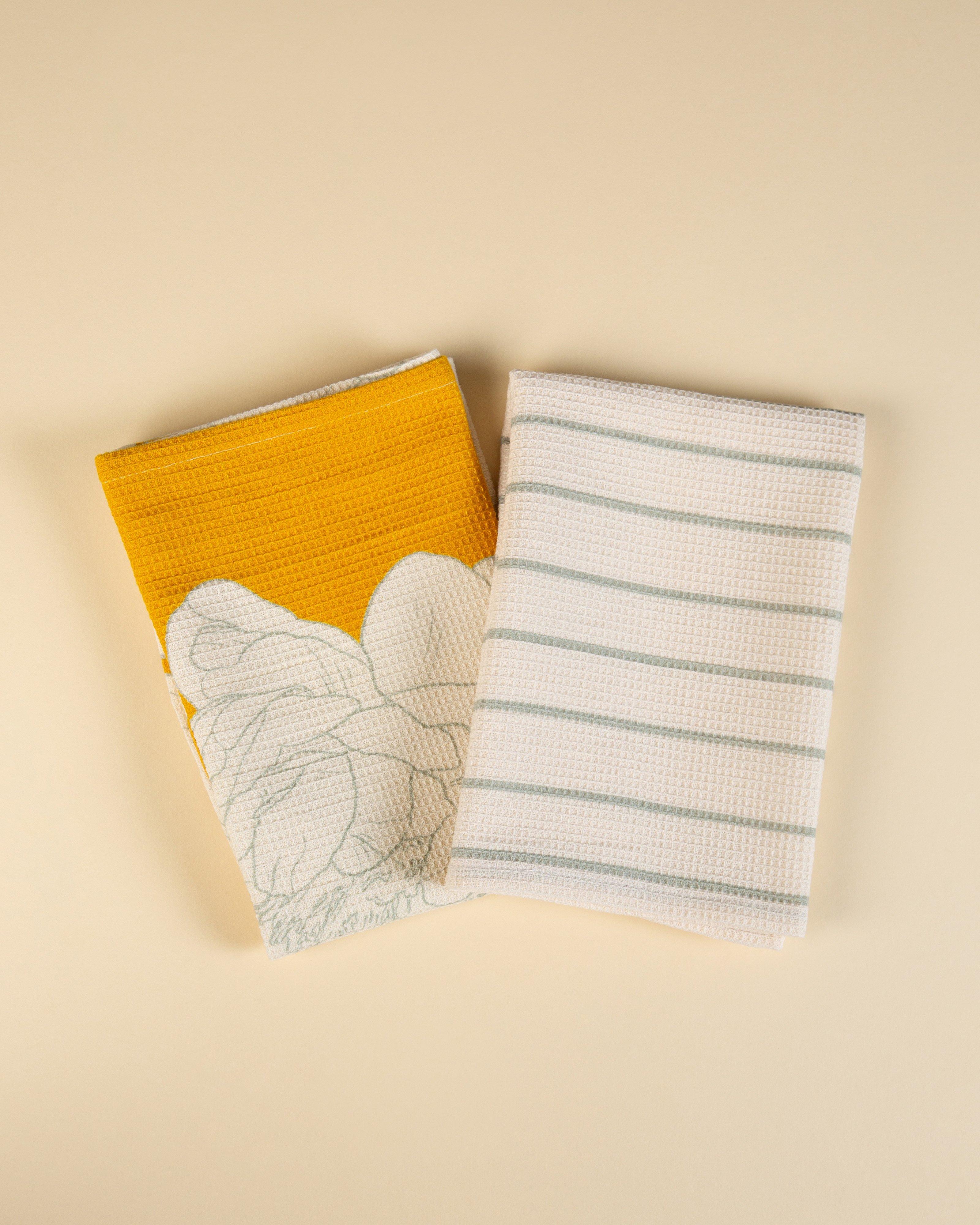 Rea Floral and Stripe Tea Towel -  Yellow