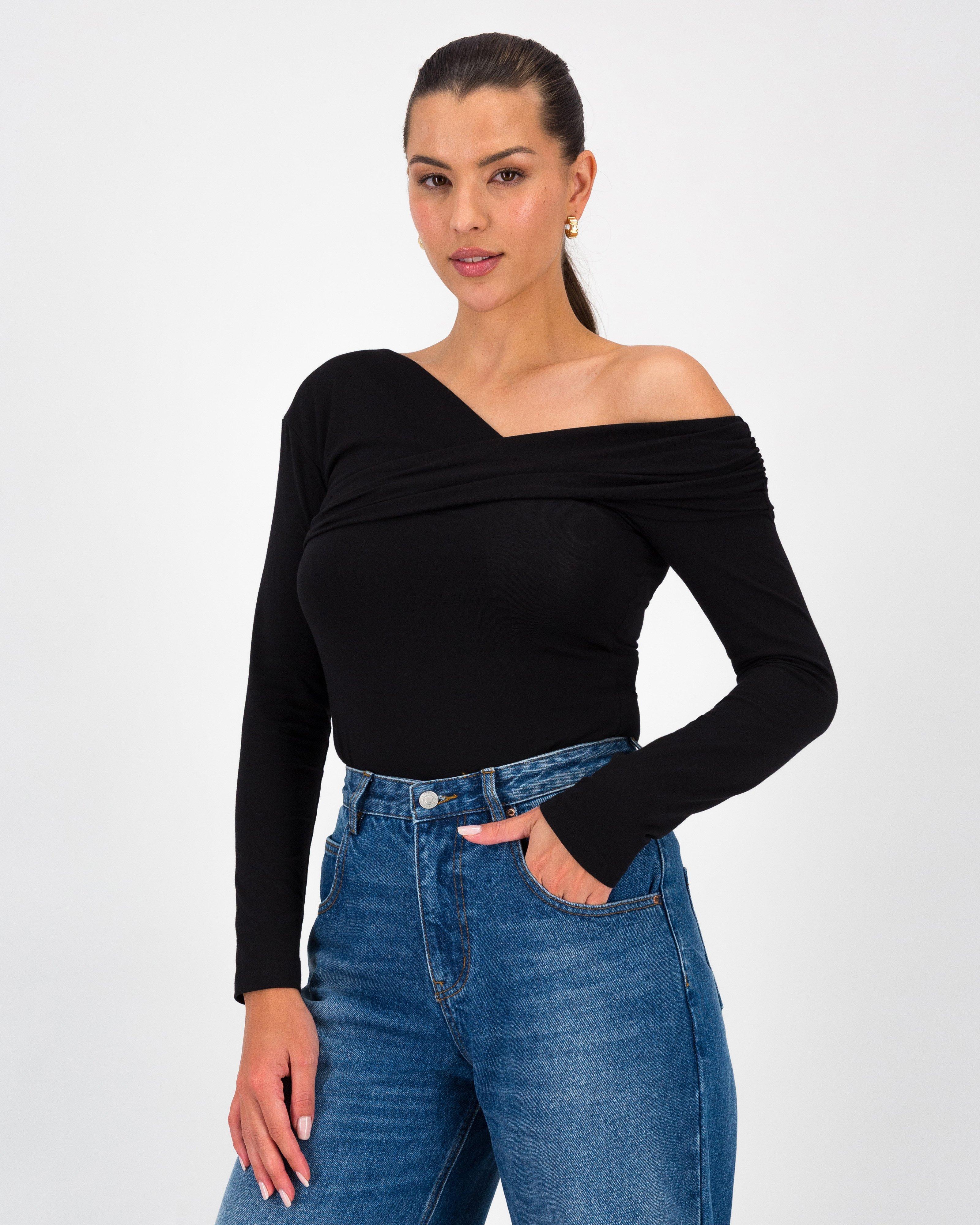 Lucia Gathered Off Shoulder Top -  Black