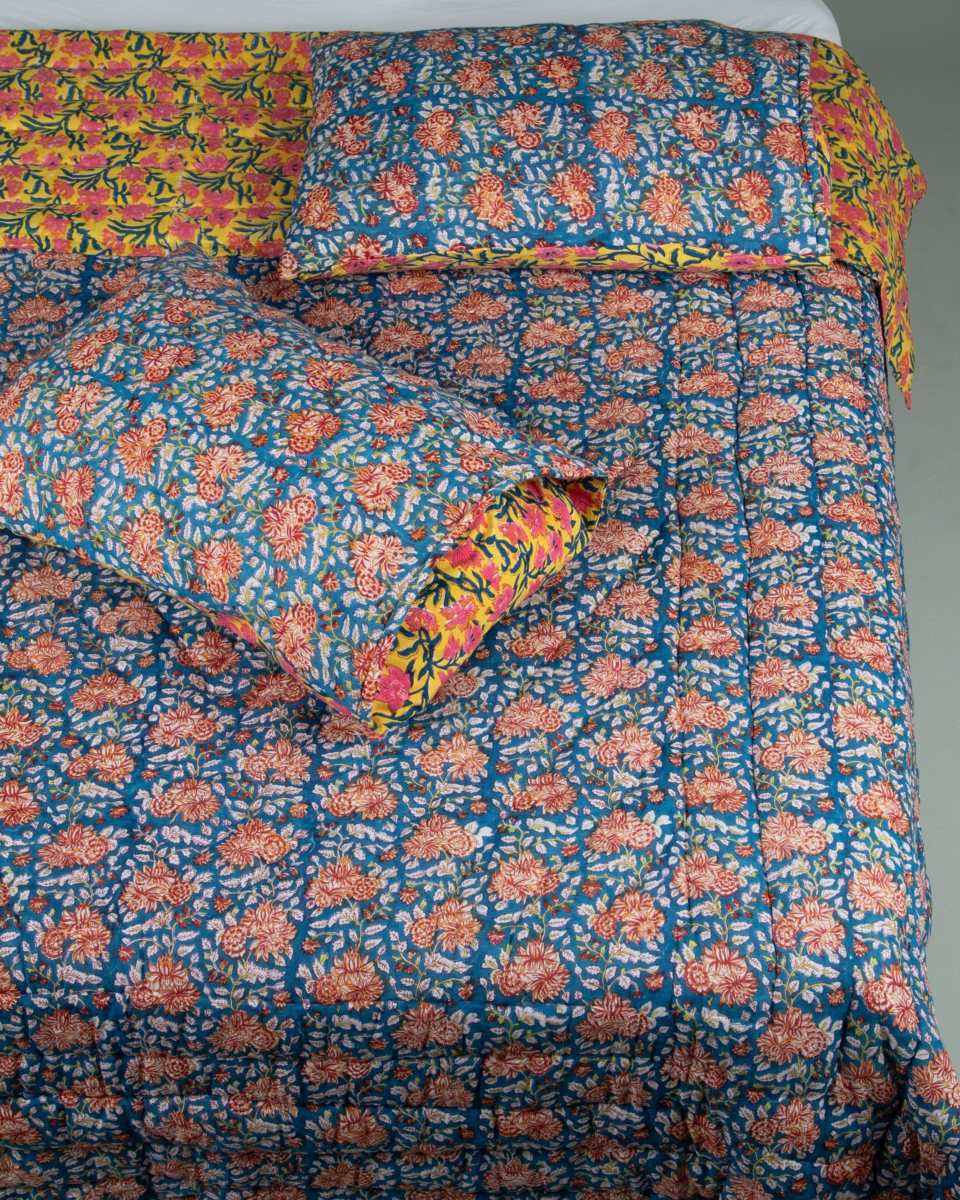 Joy Florals Quilt & Cushions -  Blue