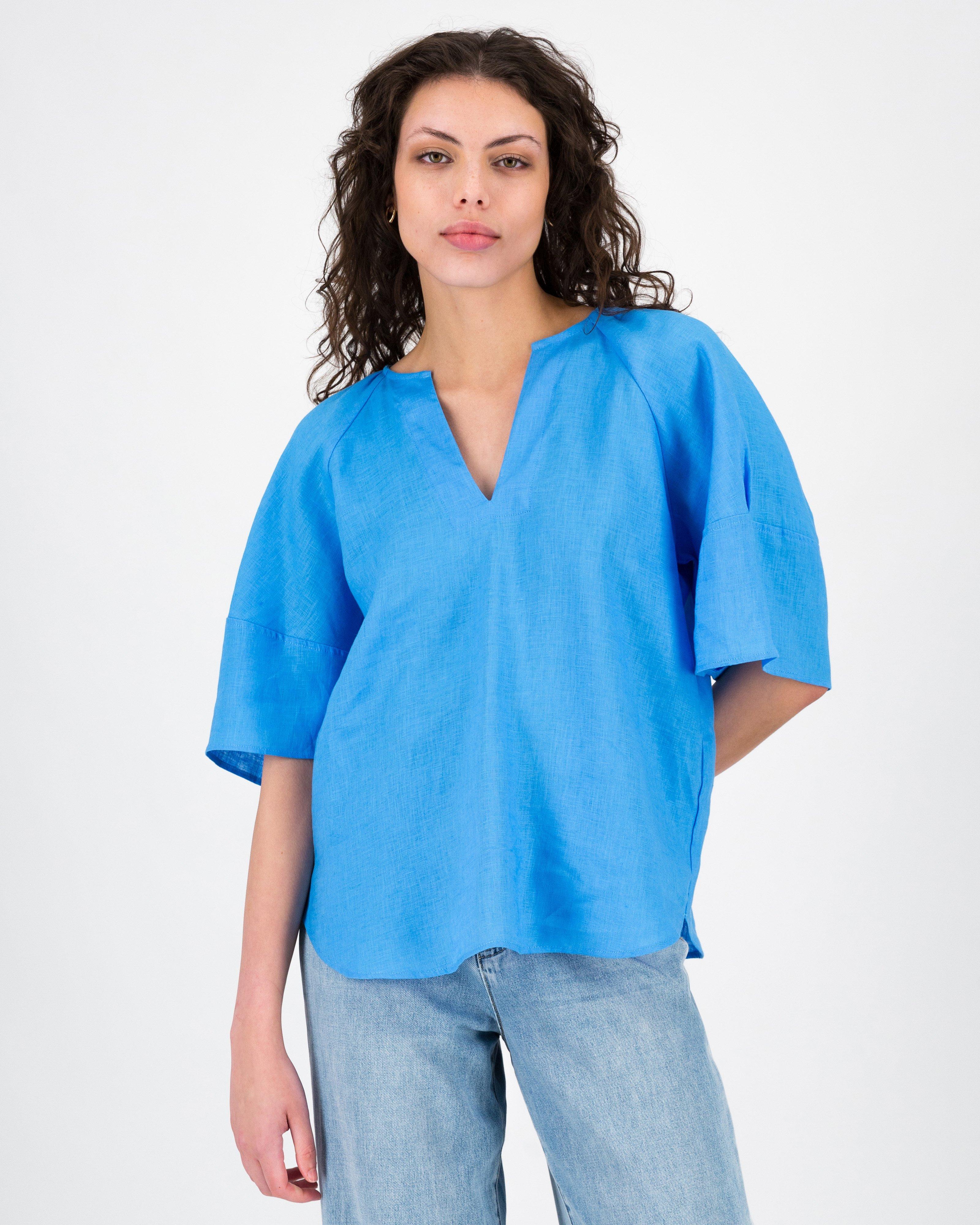 Miller Linen Popover Top -  Blue