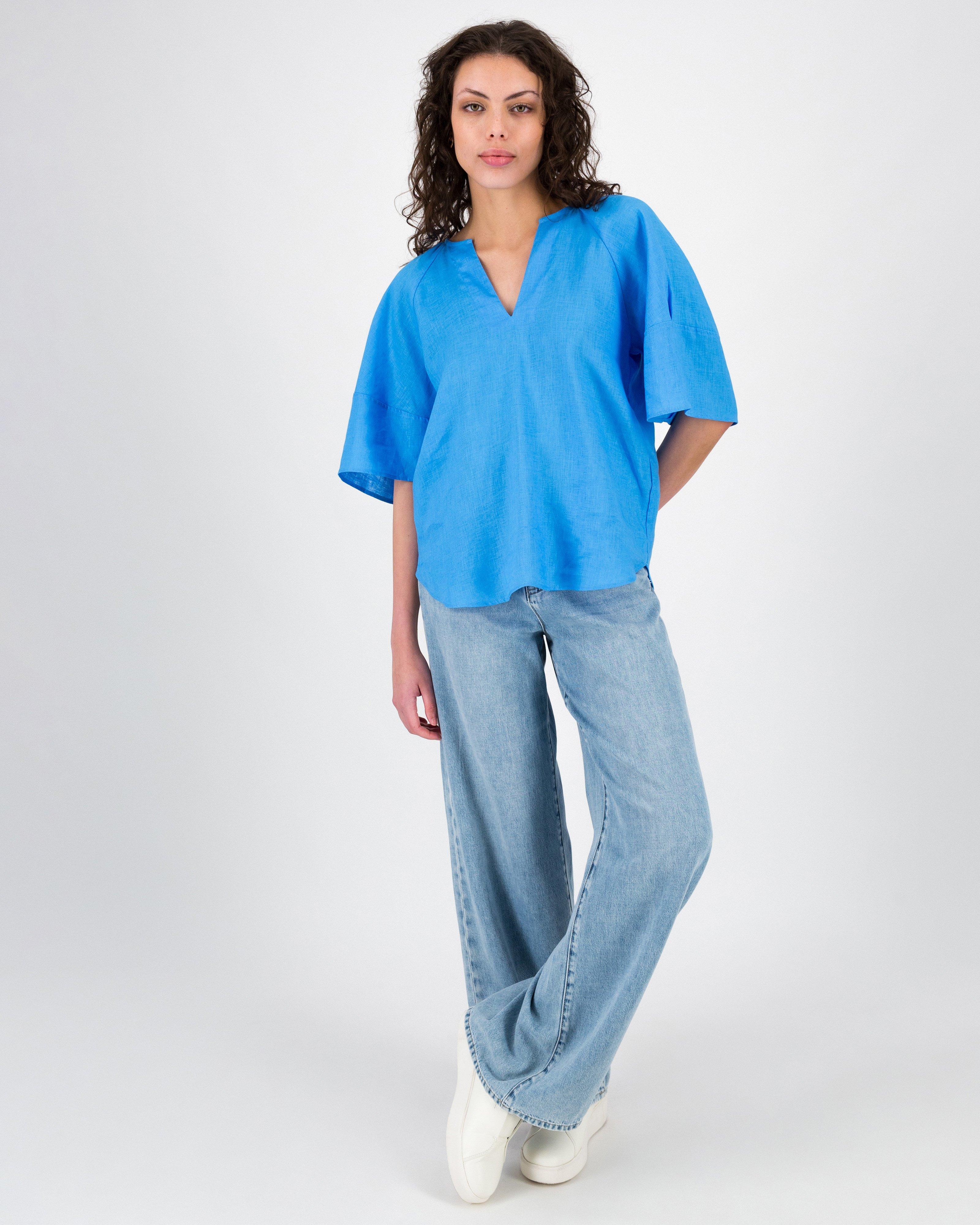 Miller Linen Popover Top -  Blue