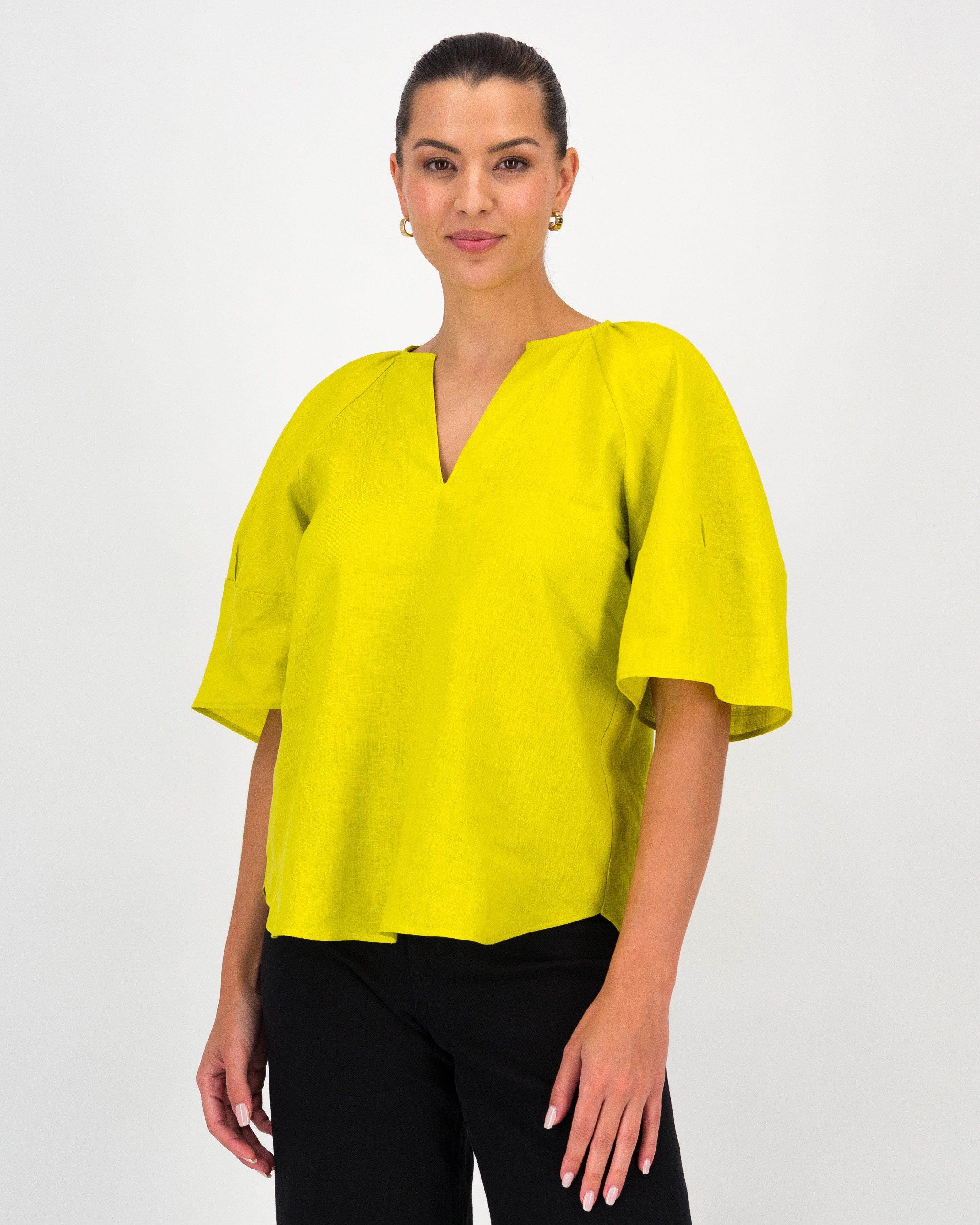 Miller Linen Popover Top -  Chartreuse