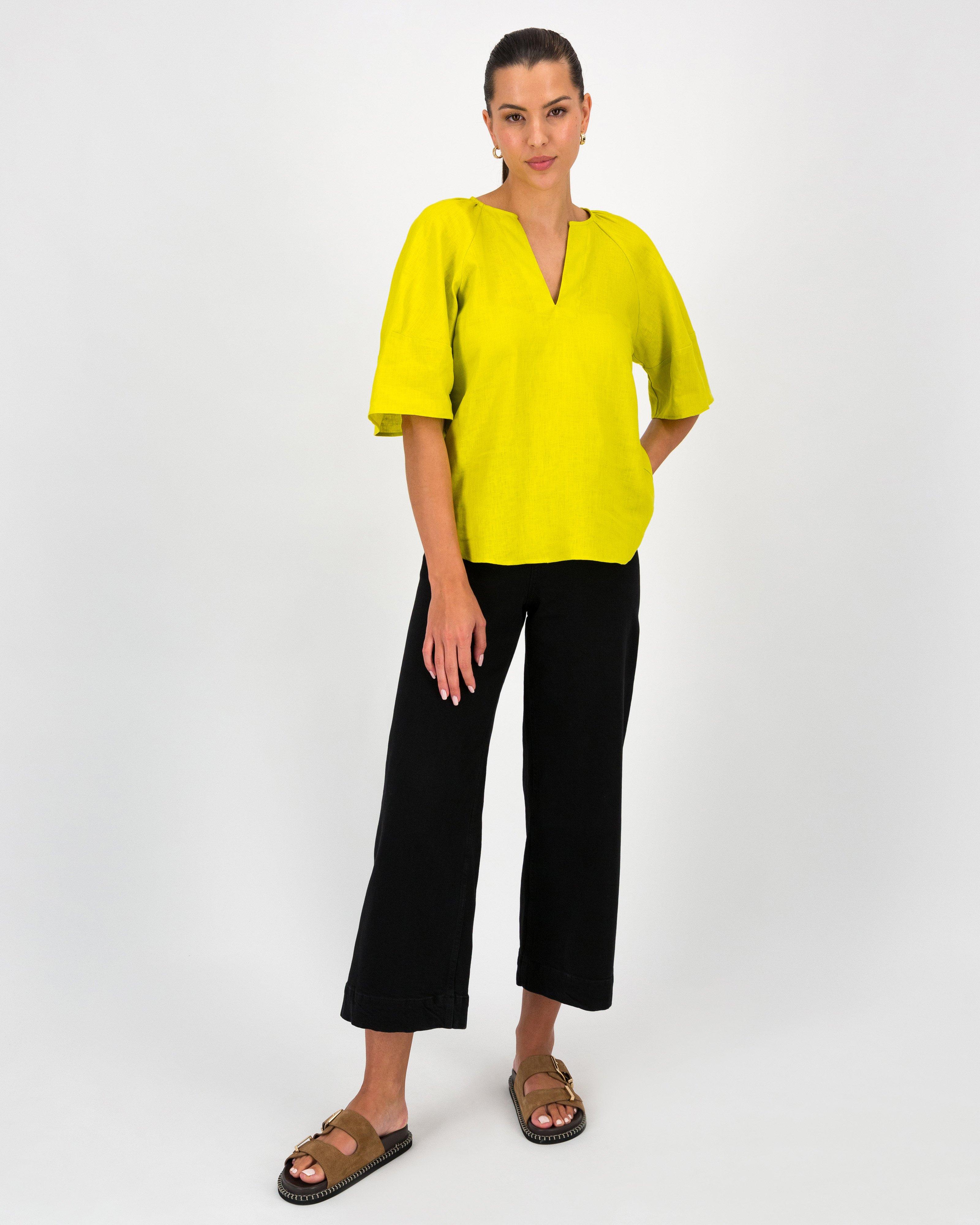 Miller Linen Popover Top -  Chartreuse