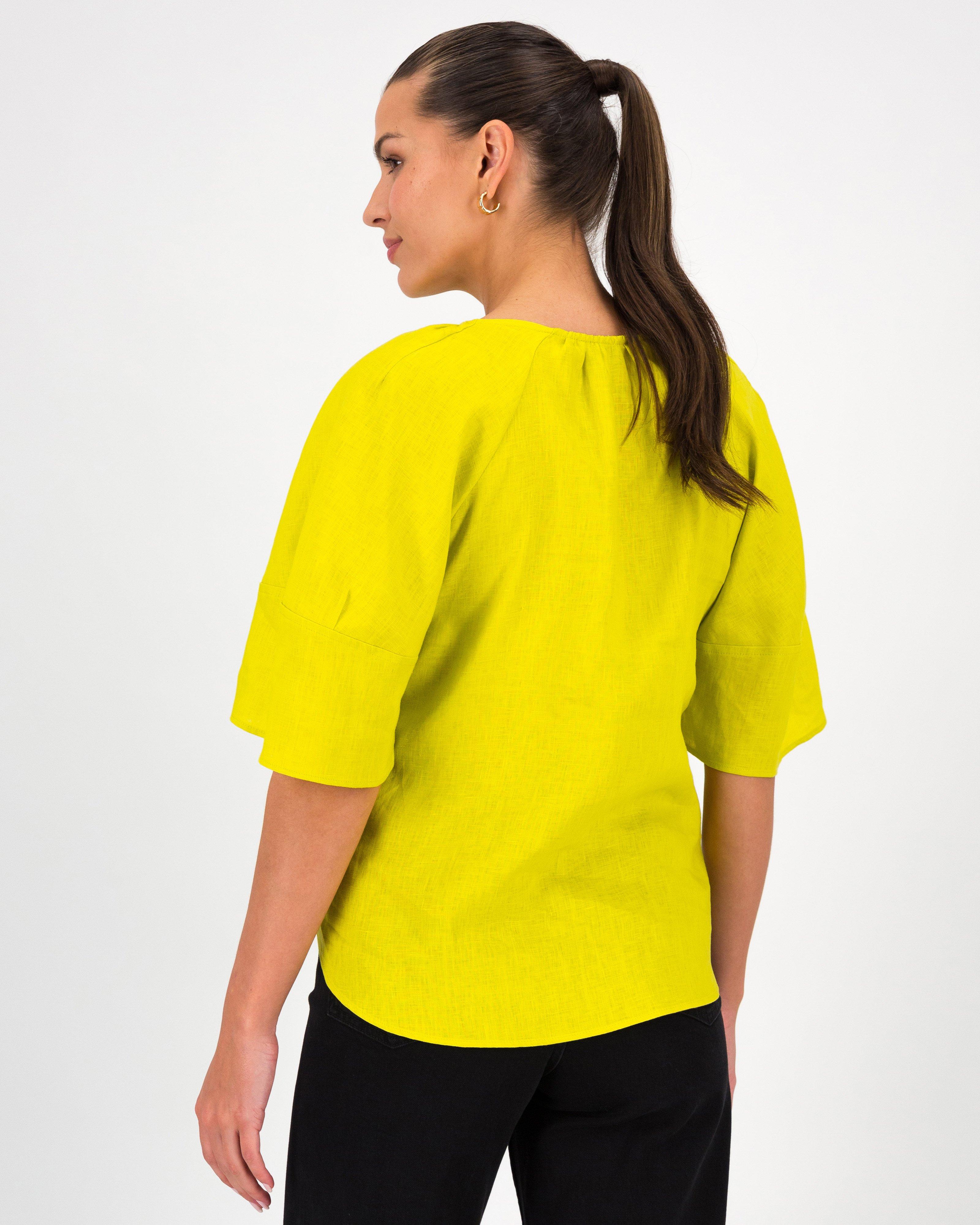 Miller Linen Popover Top -  Chartreuse