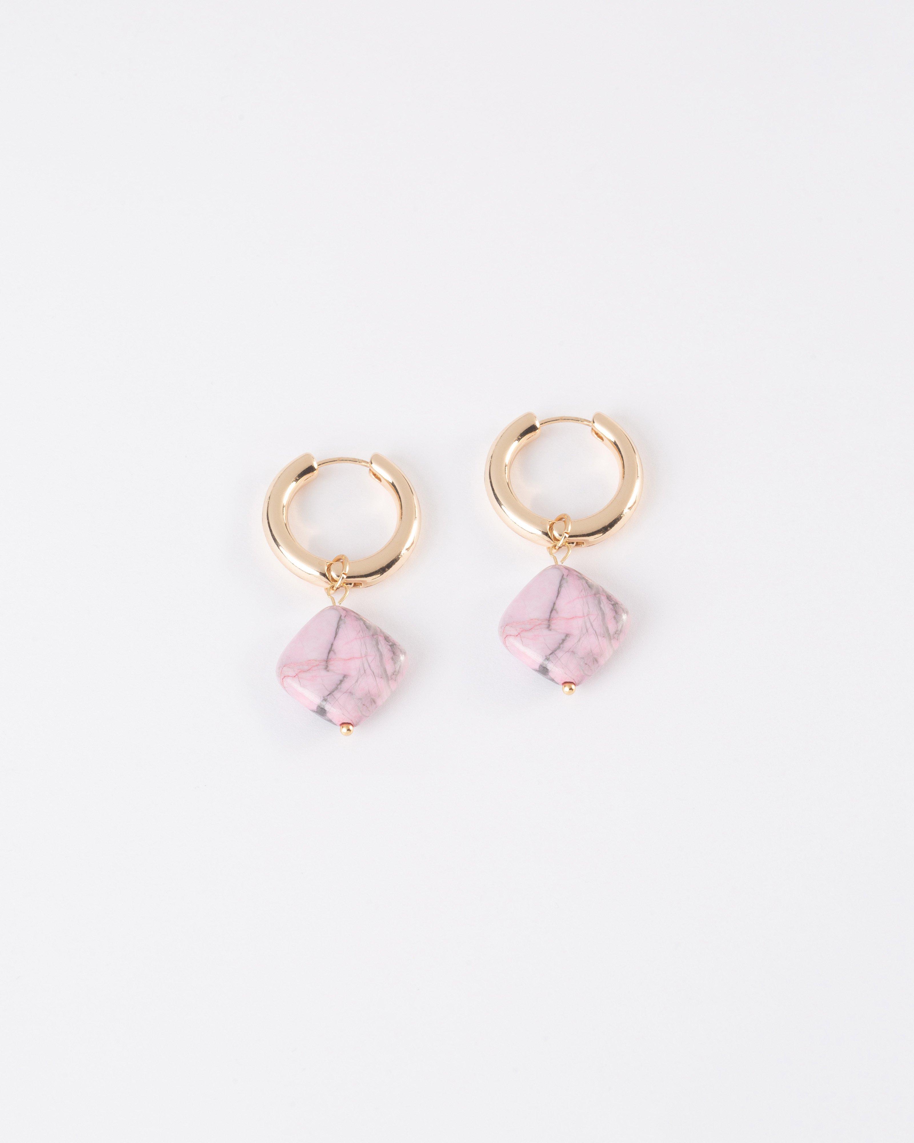 Square Natural Stone & Hoop Earrings -  Pink