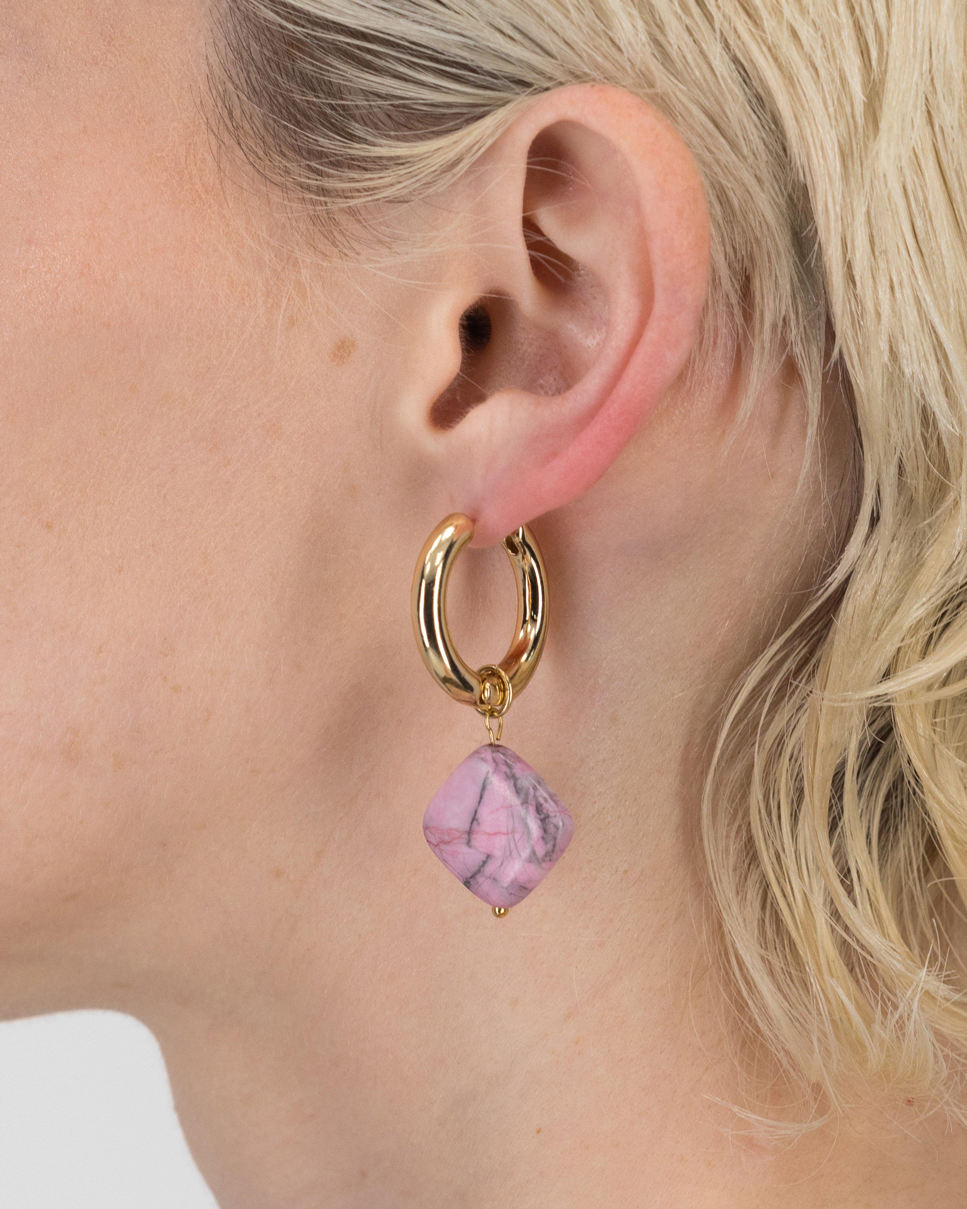 Square Natural Stone & Hoop Earrings -  Pink