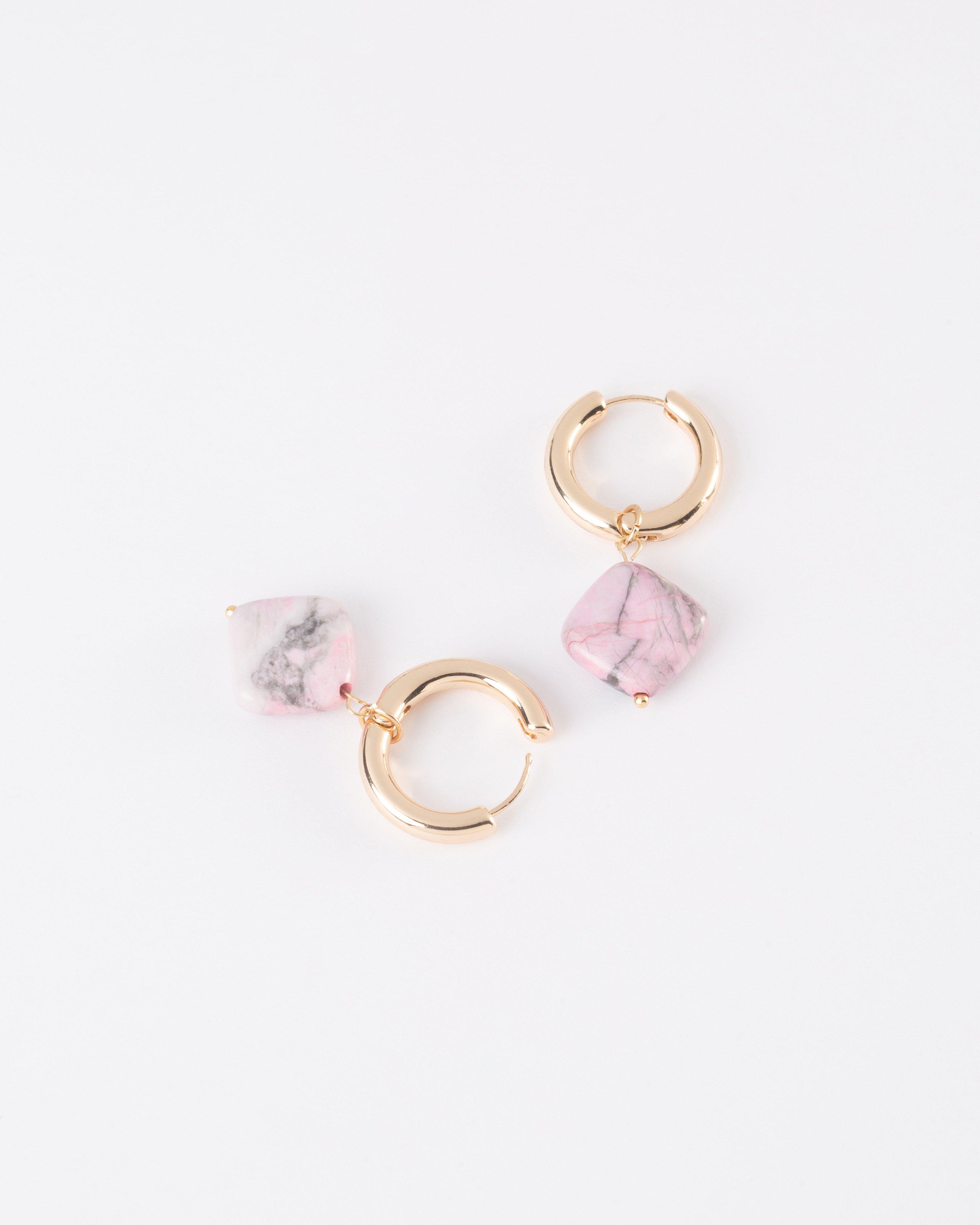 Square Natural Stone & Hoop Earrings -  Pink