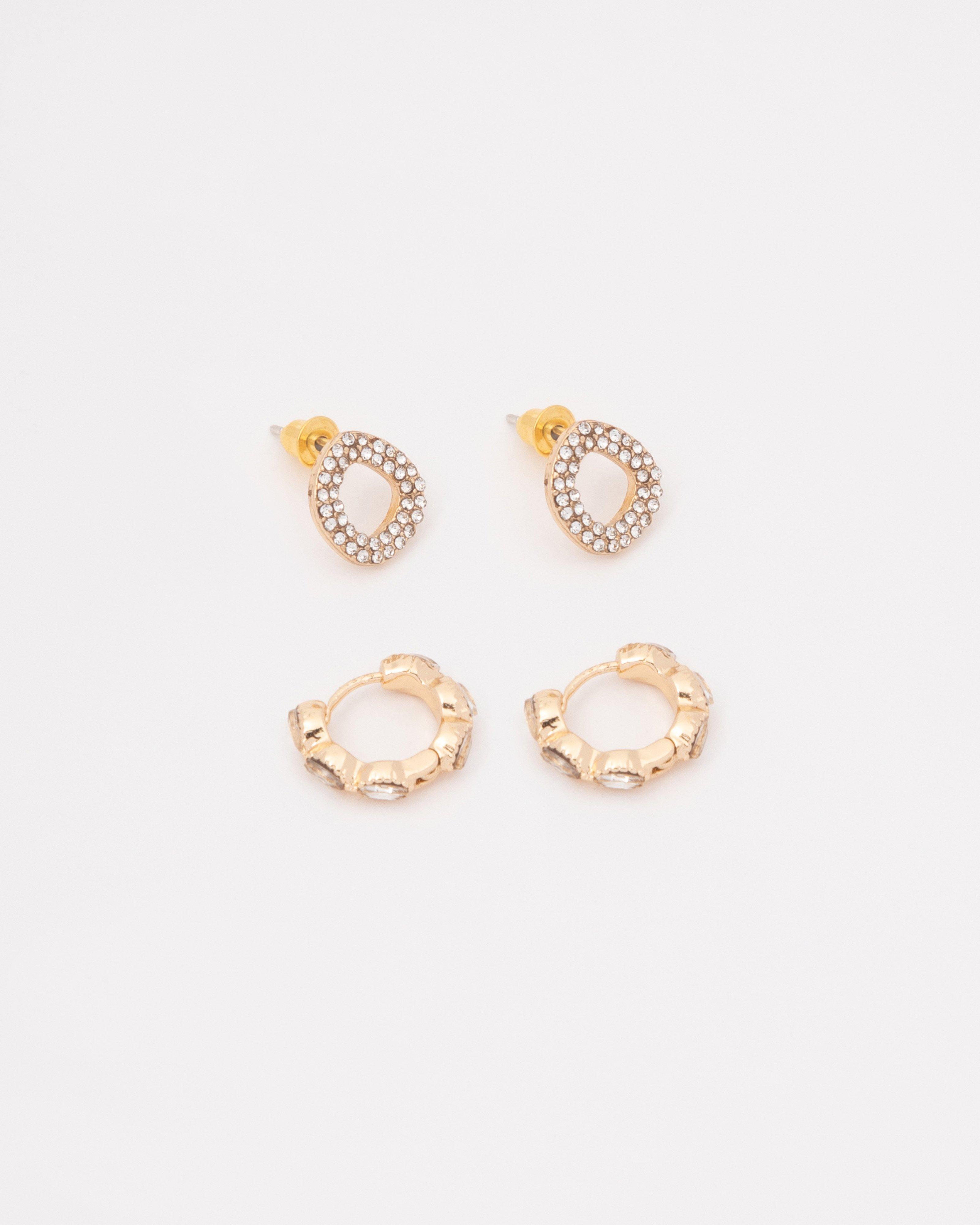 Circular Cluster Stone Stud and Huggie Earrings Set -  Gold