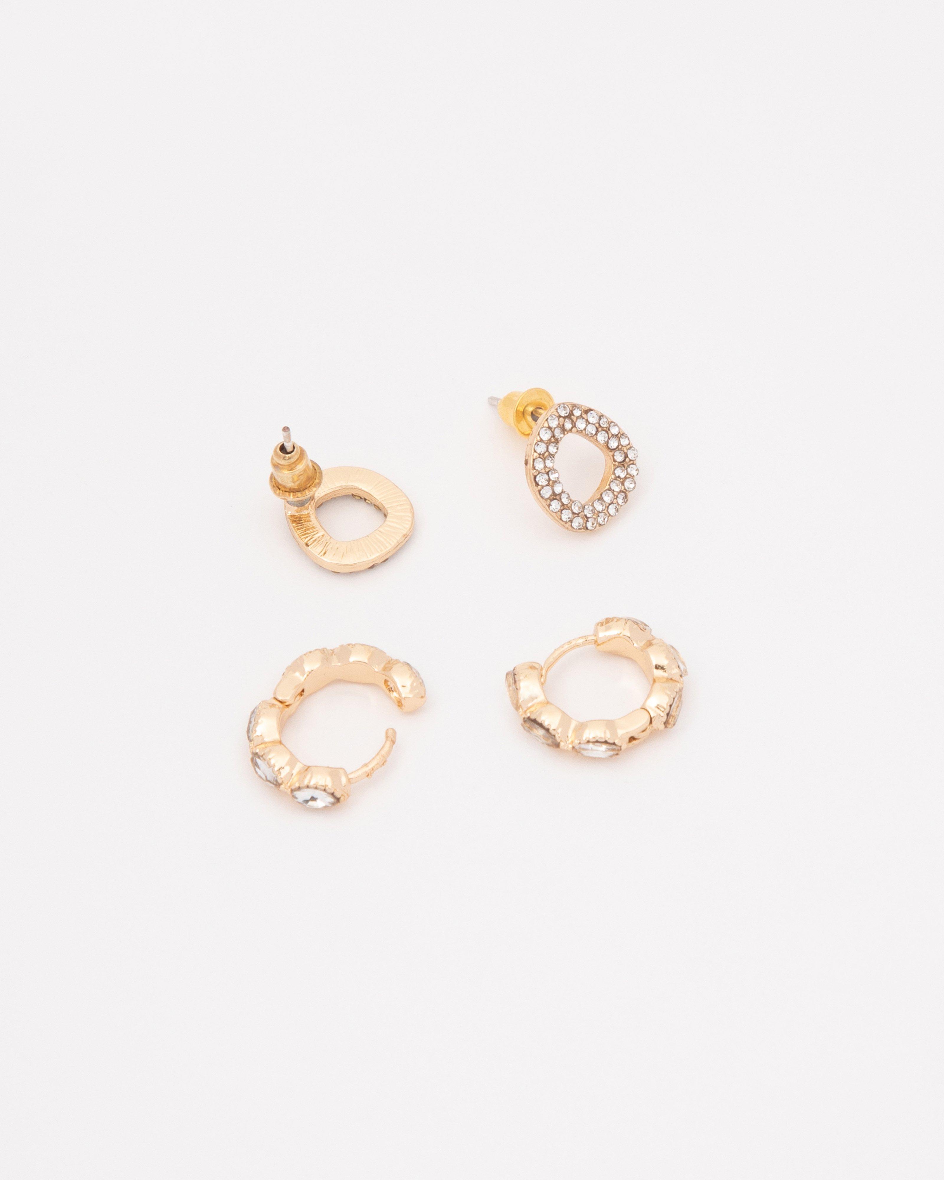 Circular Cluster Stone Stud and Huggie Earrings Set -  Gold