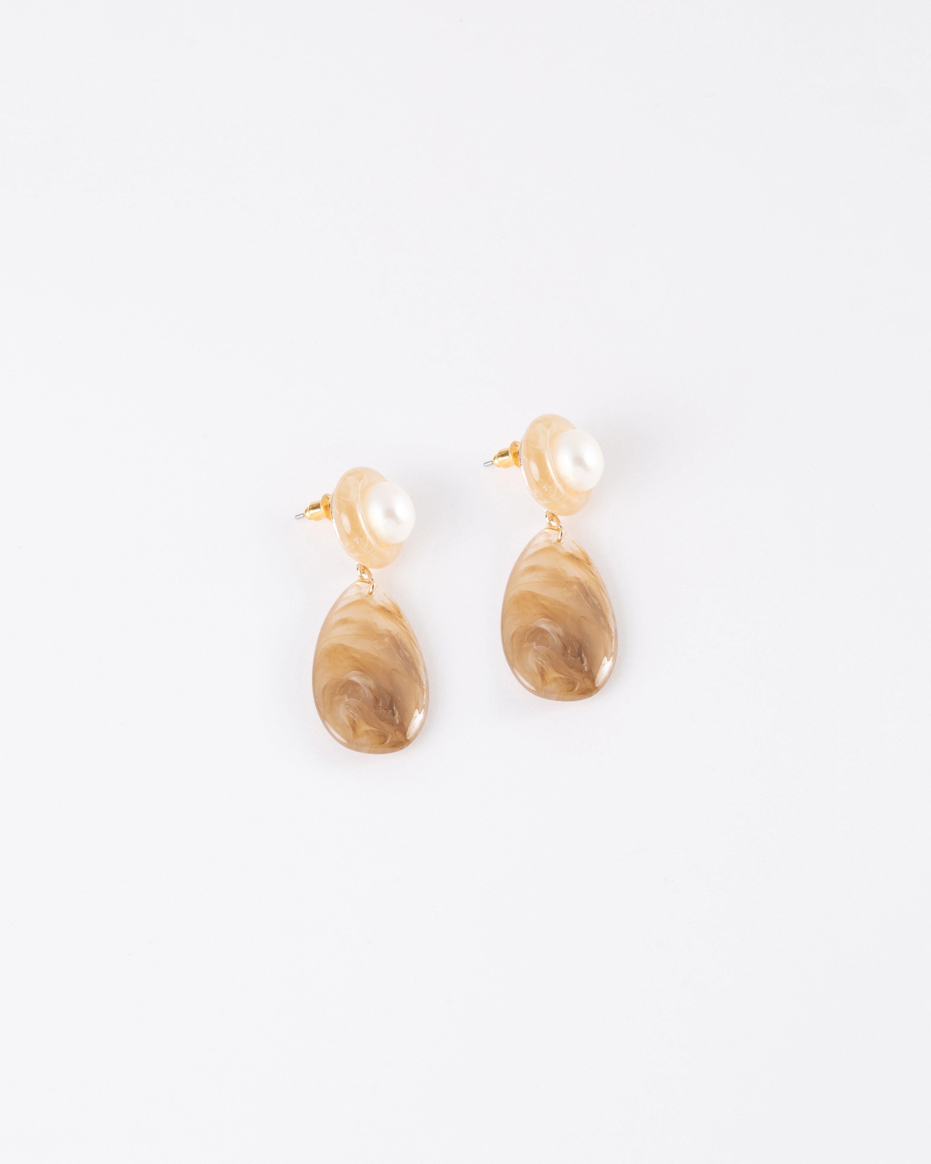 Circular & Teardrop Resin with Freshwater Pearl Earrings -  Brown