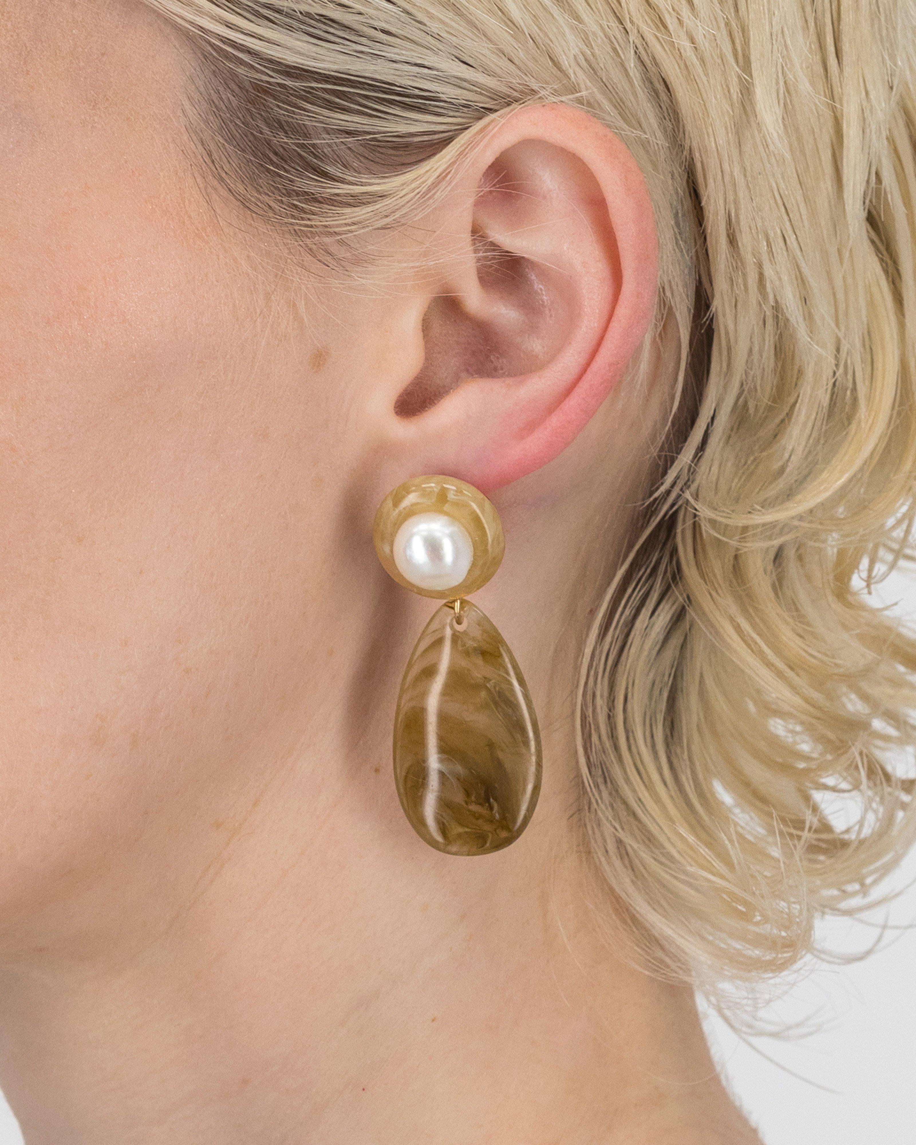 Circular & Teardrop Resin with Freshwater Pearl Earrings -  Brown