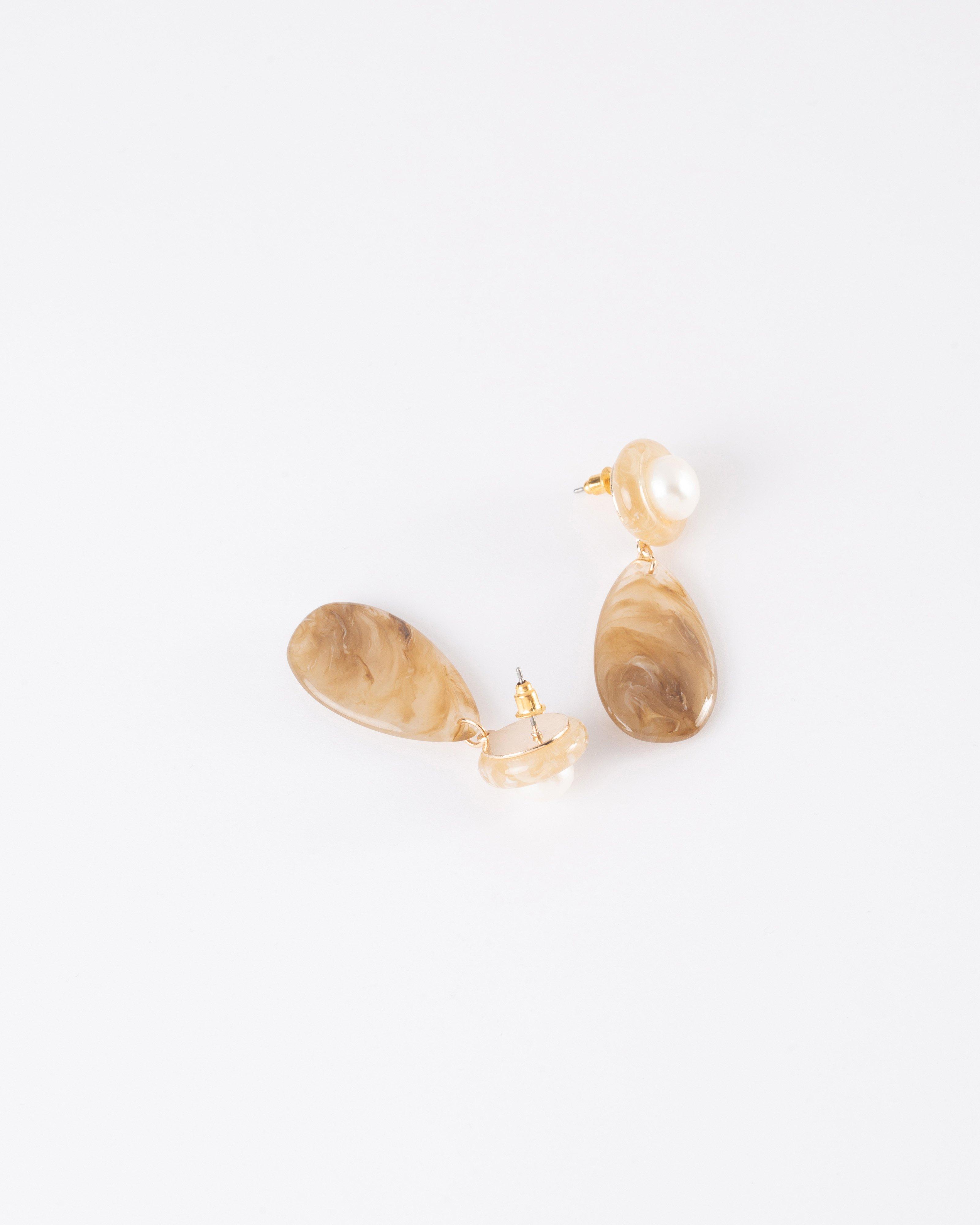 Circular & Teardrop Resin with Freshwater Pearl Earrings -  Brown