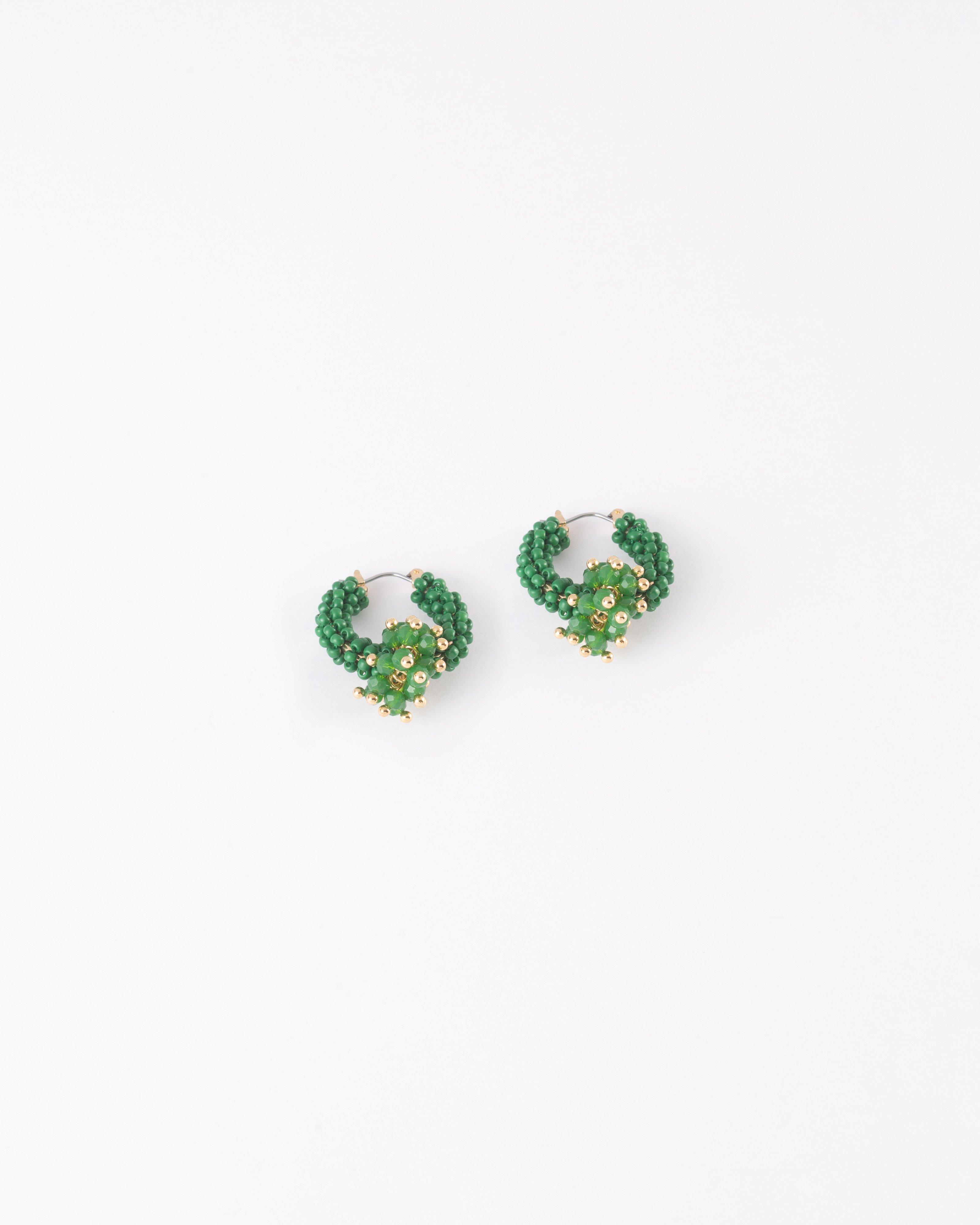 Clustered Bead Hoop Earrings -  Green