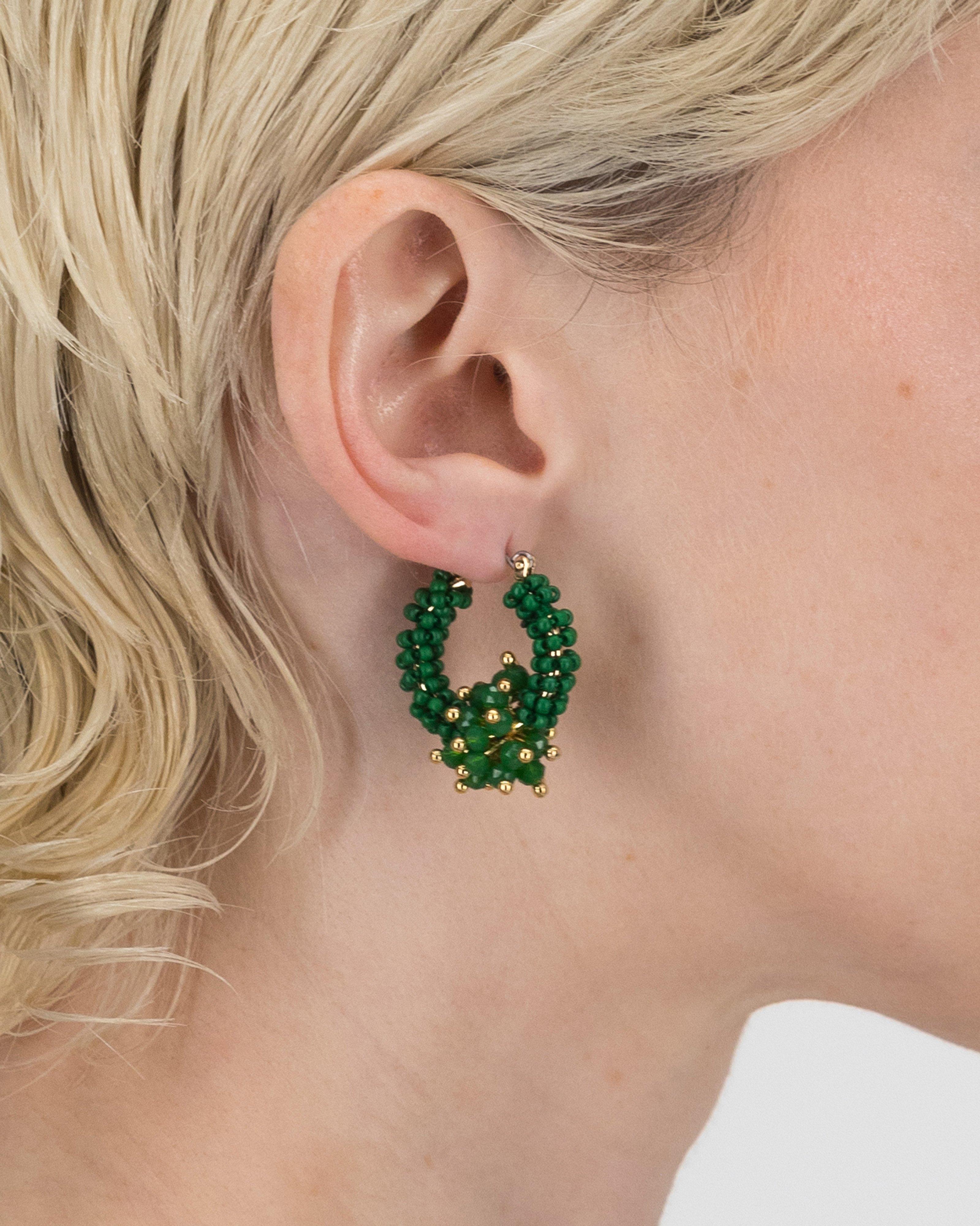 Clustered Bead Hoop Earrings -  Green