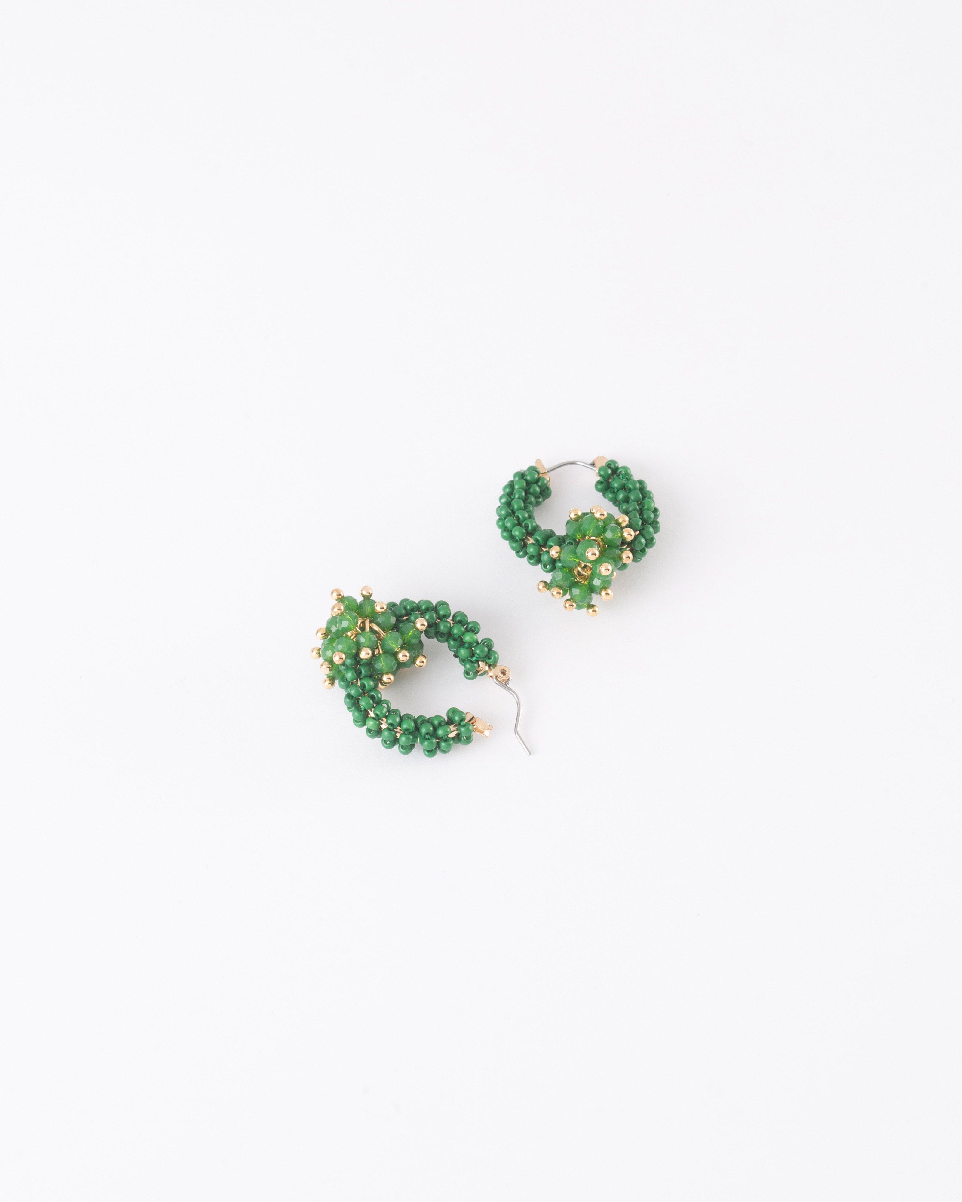 Clustered Bead Hoop Earrings -  Green