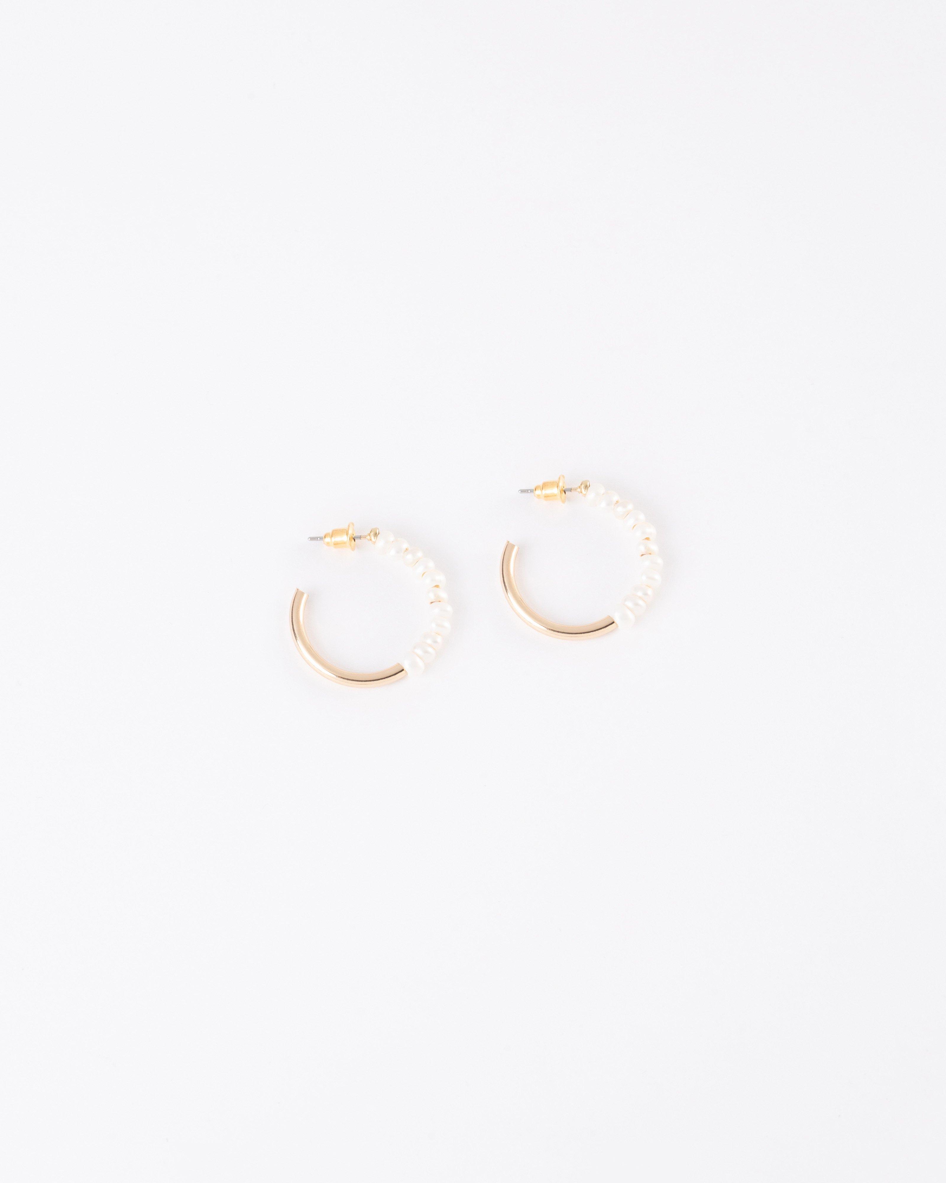 Half Freshwater Pearl Hoop Earrings -  Milk