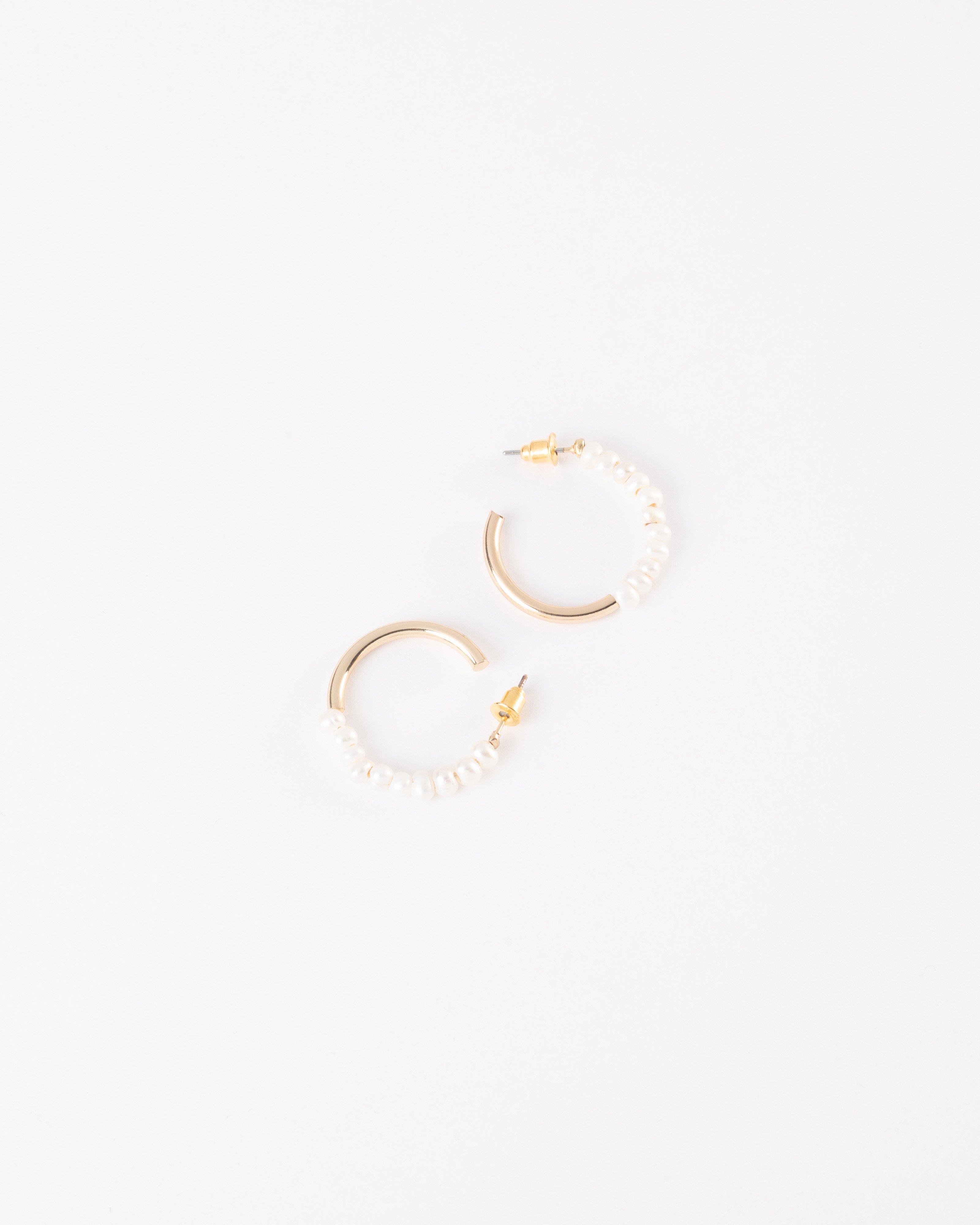 Half Freshwater Pearl Hoop Earrings -  Milk