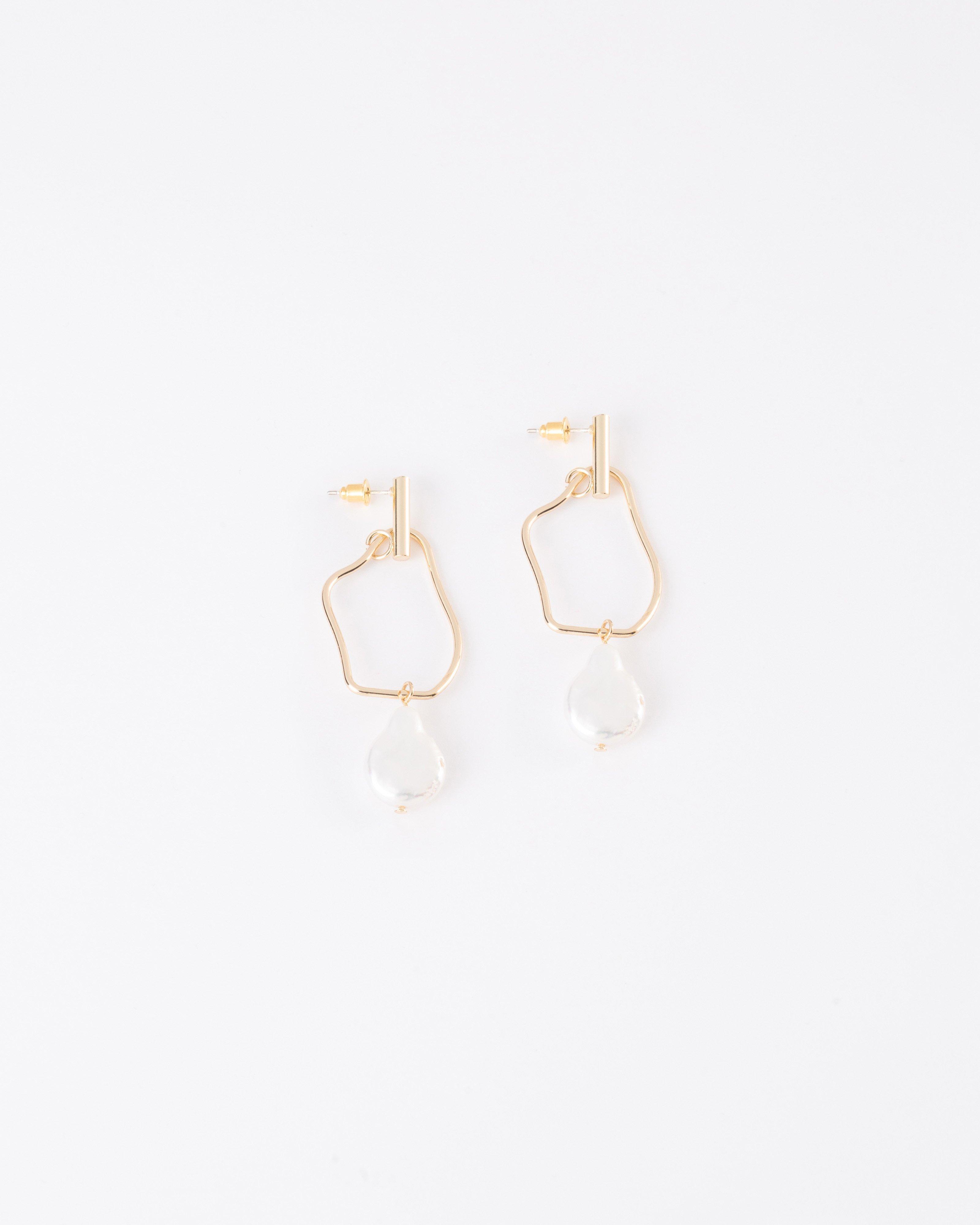 Bar & Organic Cutout Freshwater Pearl Drop Earrings -  Milk