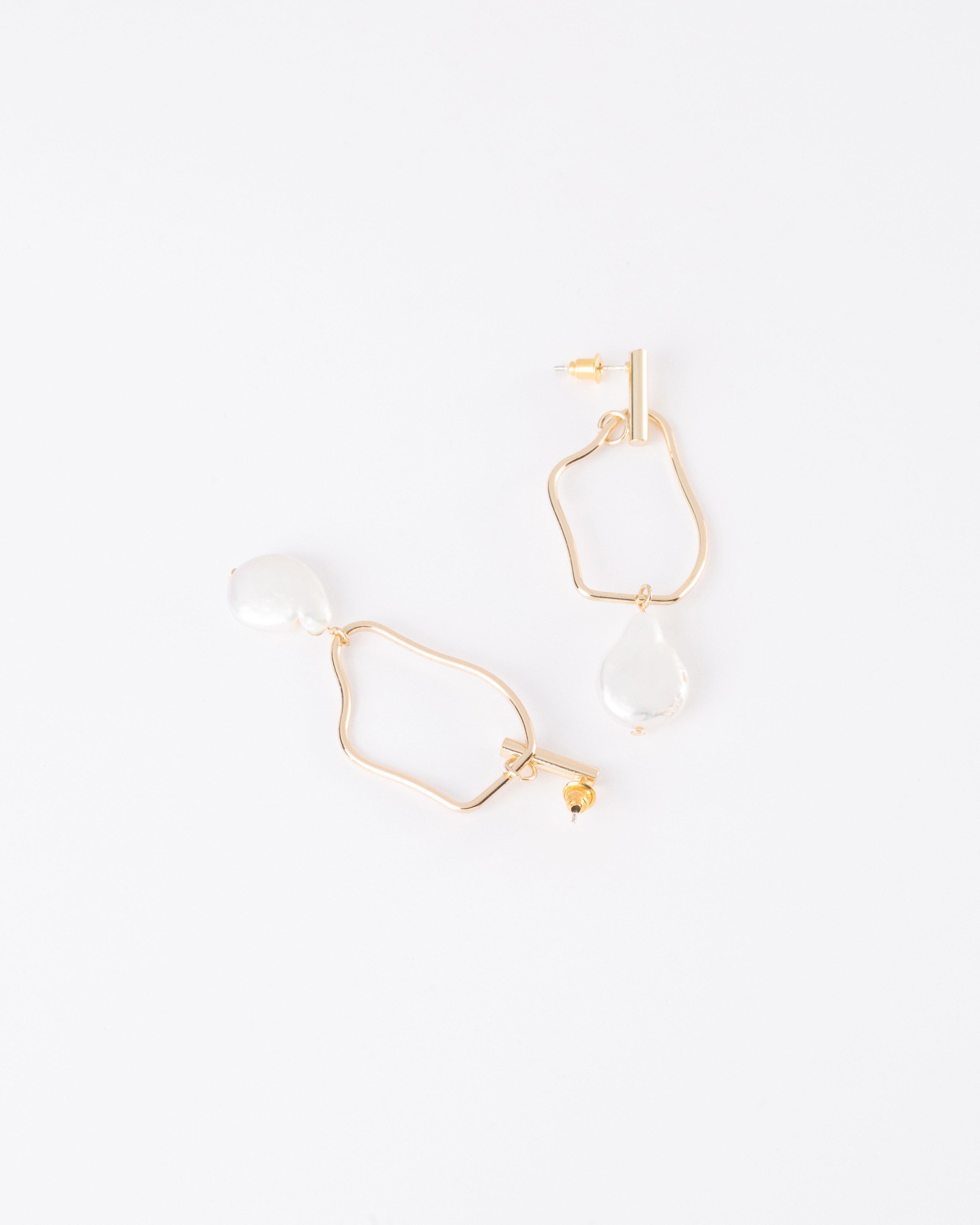 Bar & Organic Cutout Freshwater Pearl Drop Earrings -  Milk