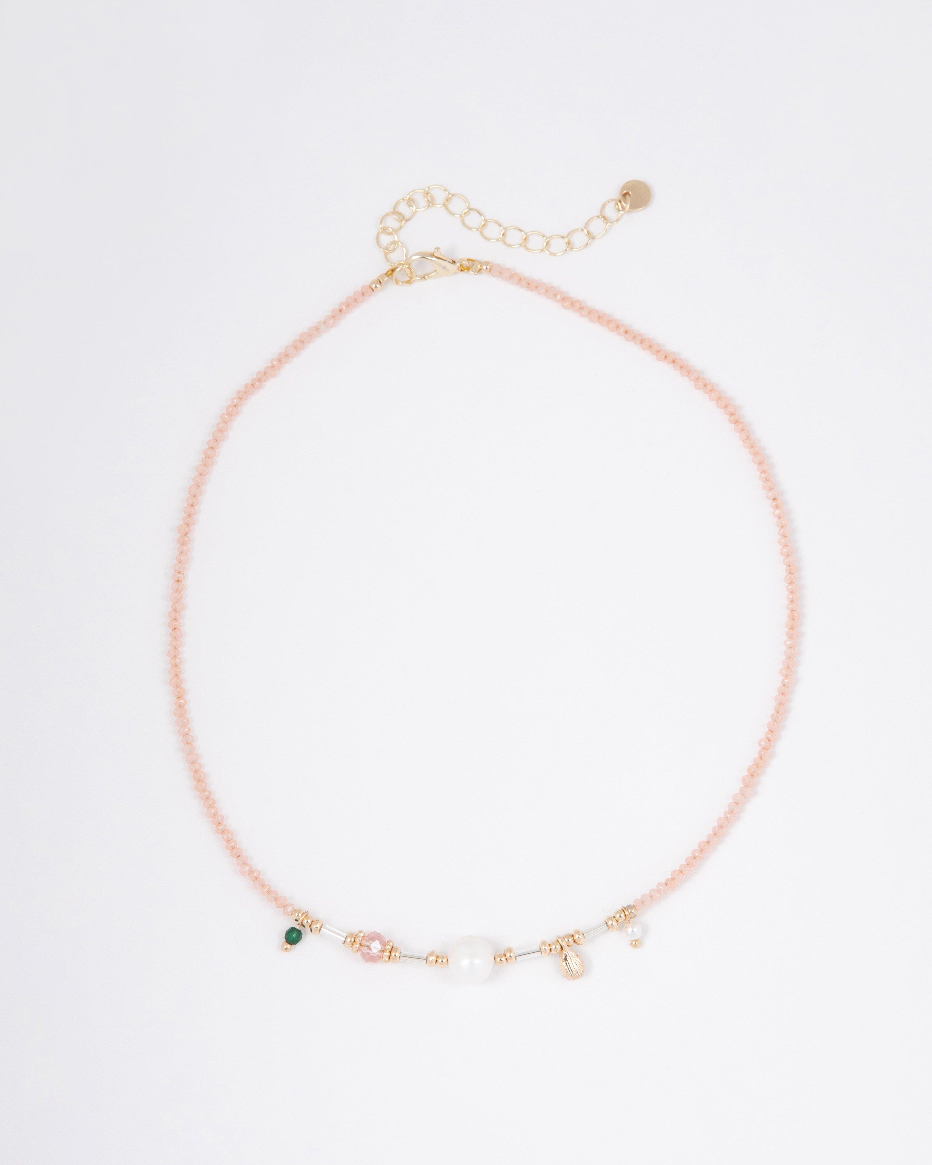 Beaded Stone Necklace -  Light Pink