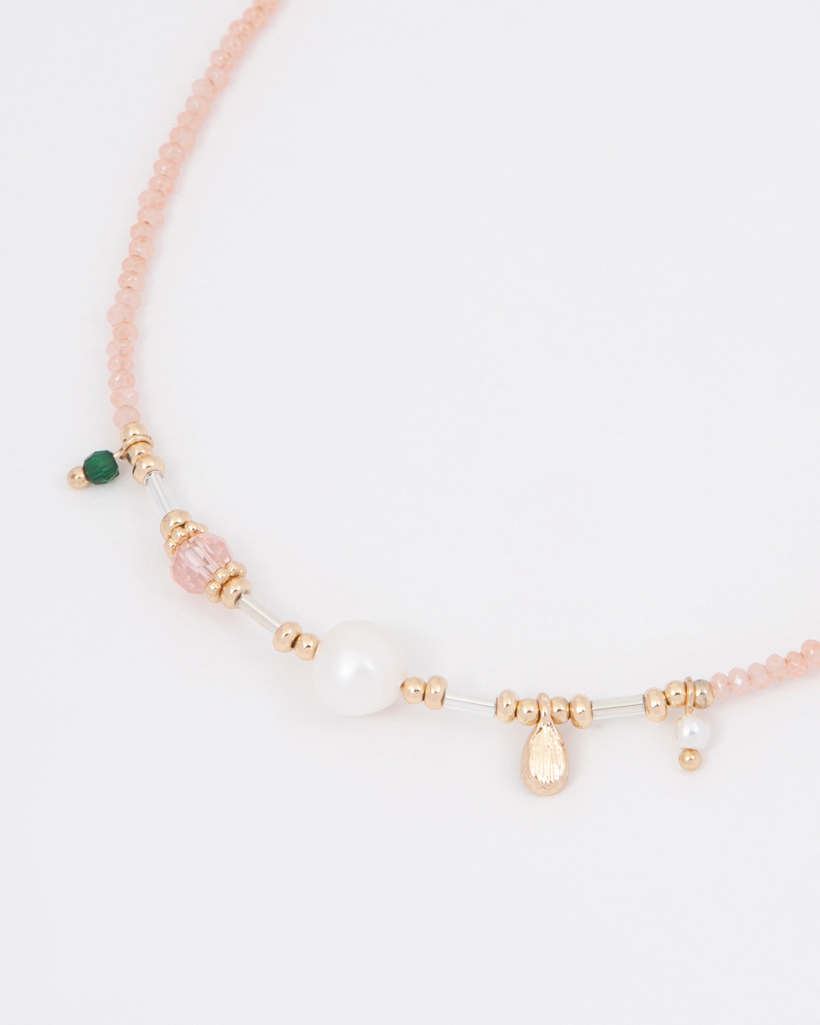 Beaded Stone Necklace -  Light Pink