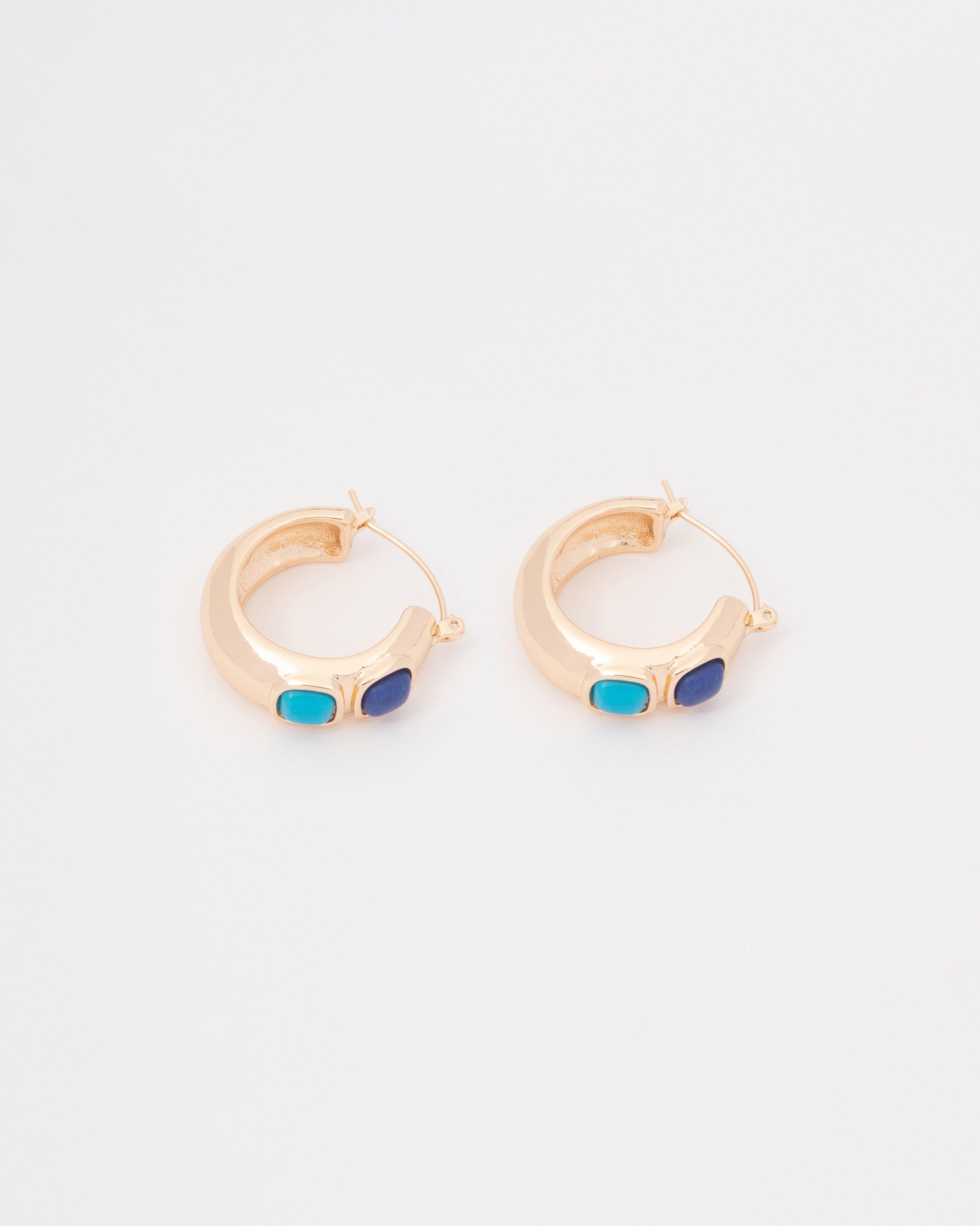 Double Square Inlay Stone Hoop Earrings -  Gold