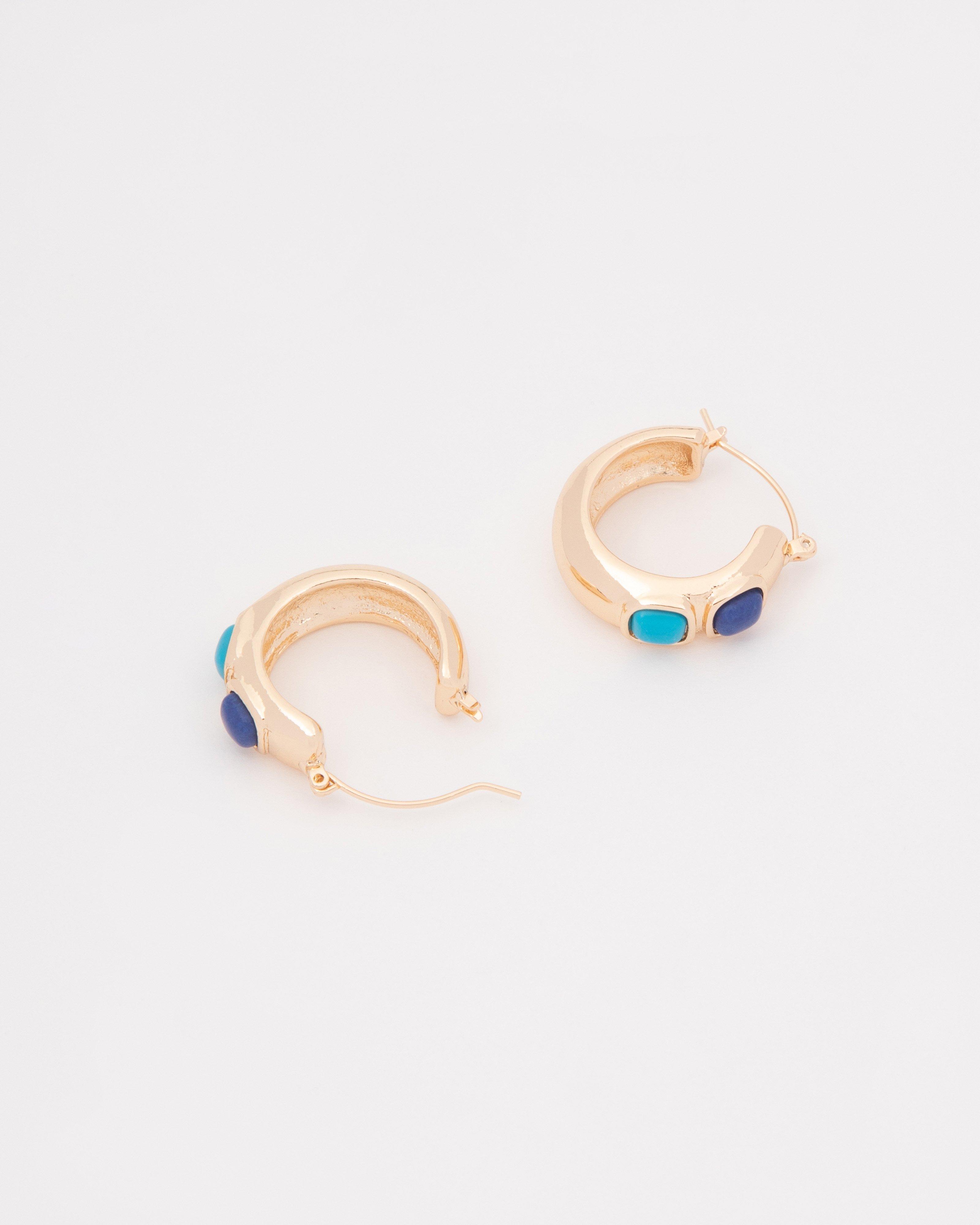 Double Square Inlay Stone Hoop Earrings -  Gold