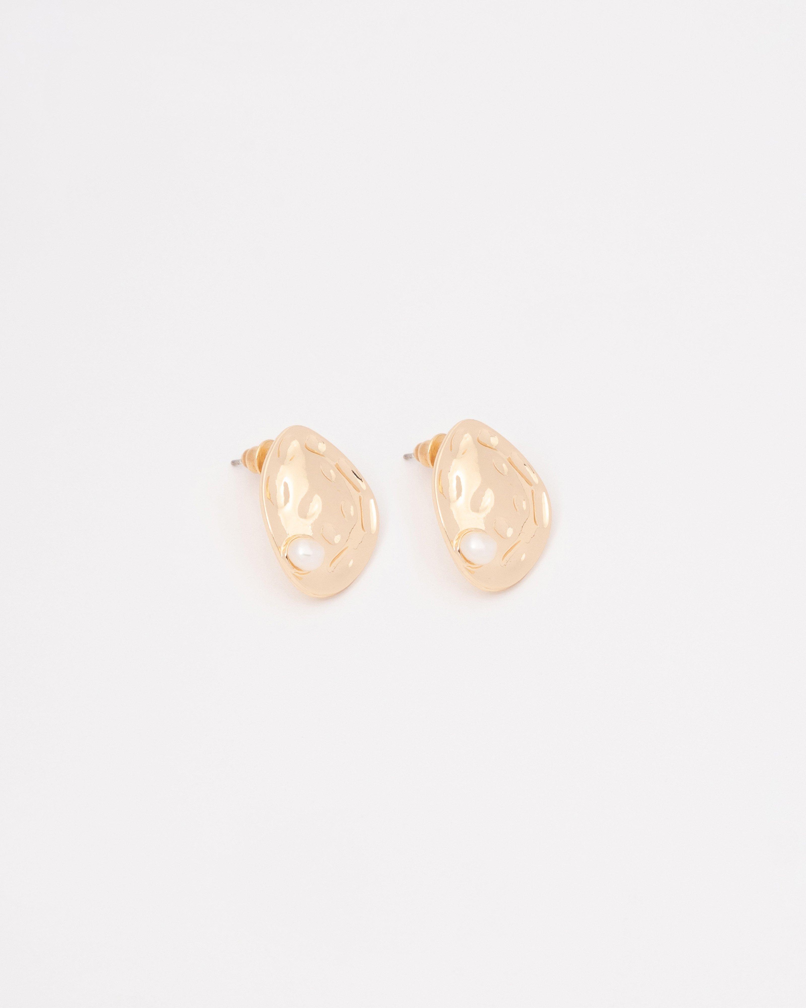 Hammered Textured Organic Stud with Freshwater Pearl Earrings -  Gold