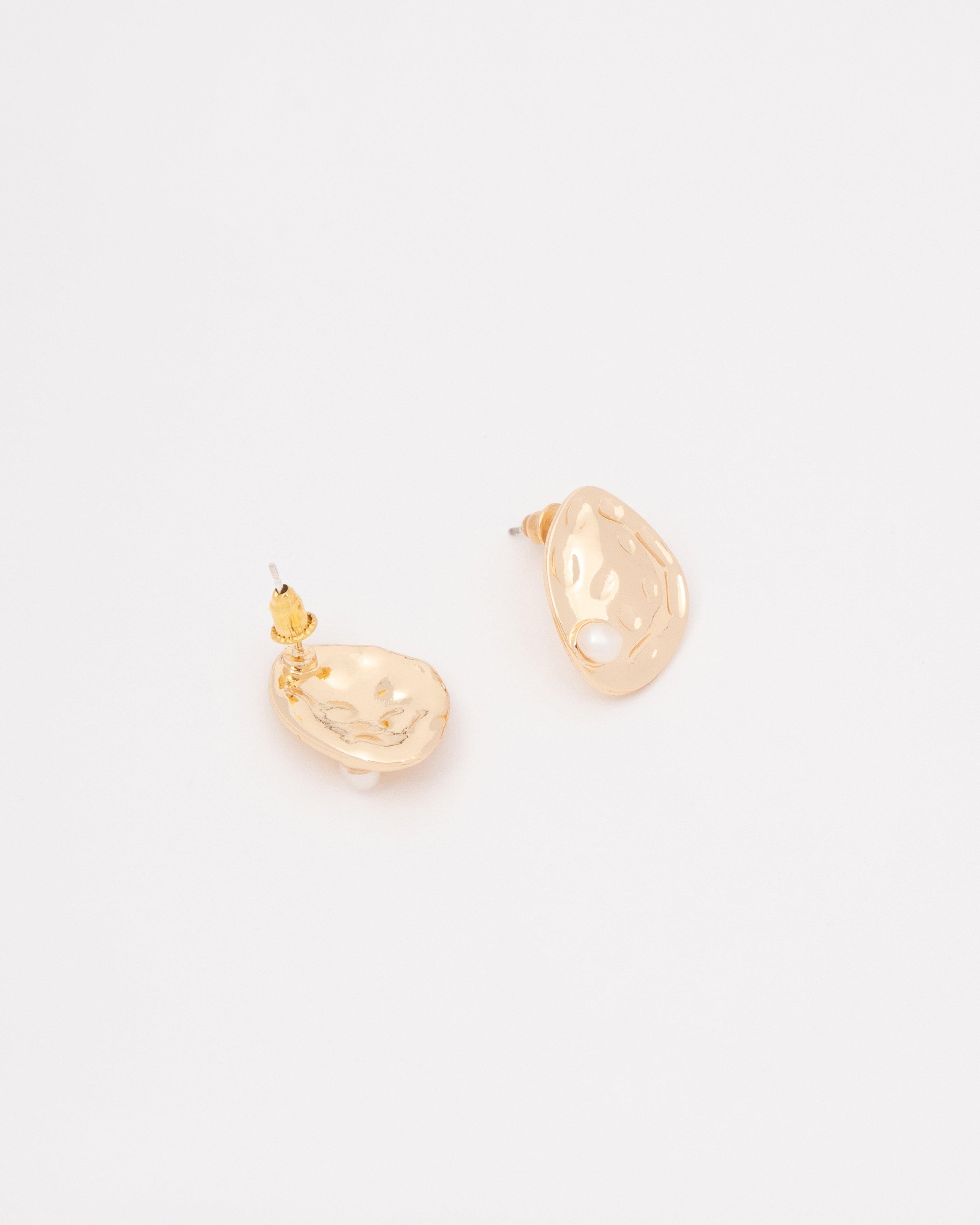 Hammered Textured Organic Stud with Freshwater Pearl Earrings -  Gold