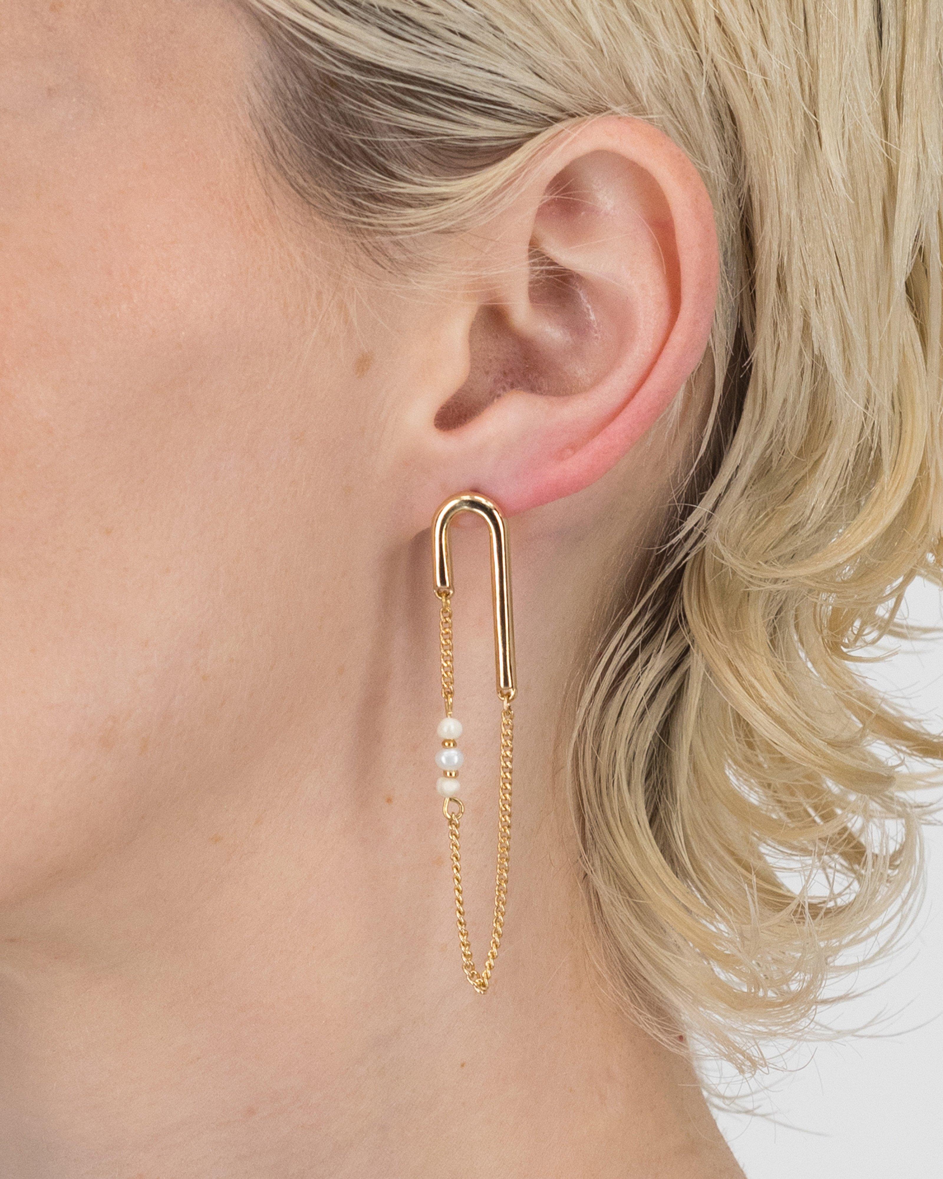 Dangly Freshwater Pearl Chain Earrings -  Gold