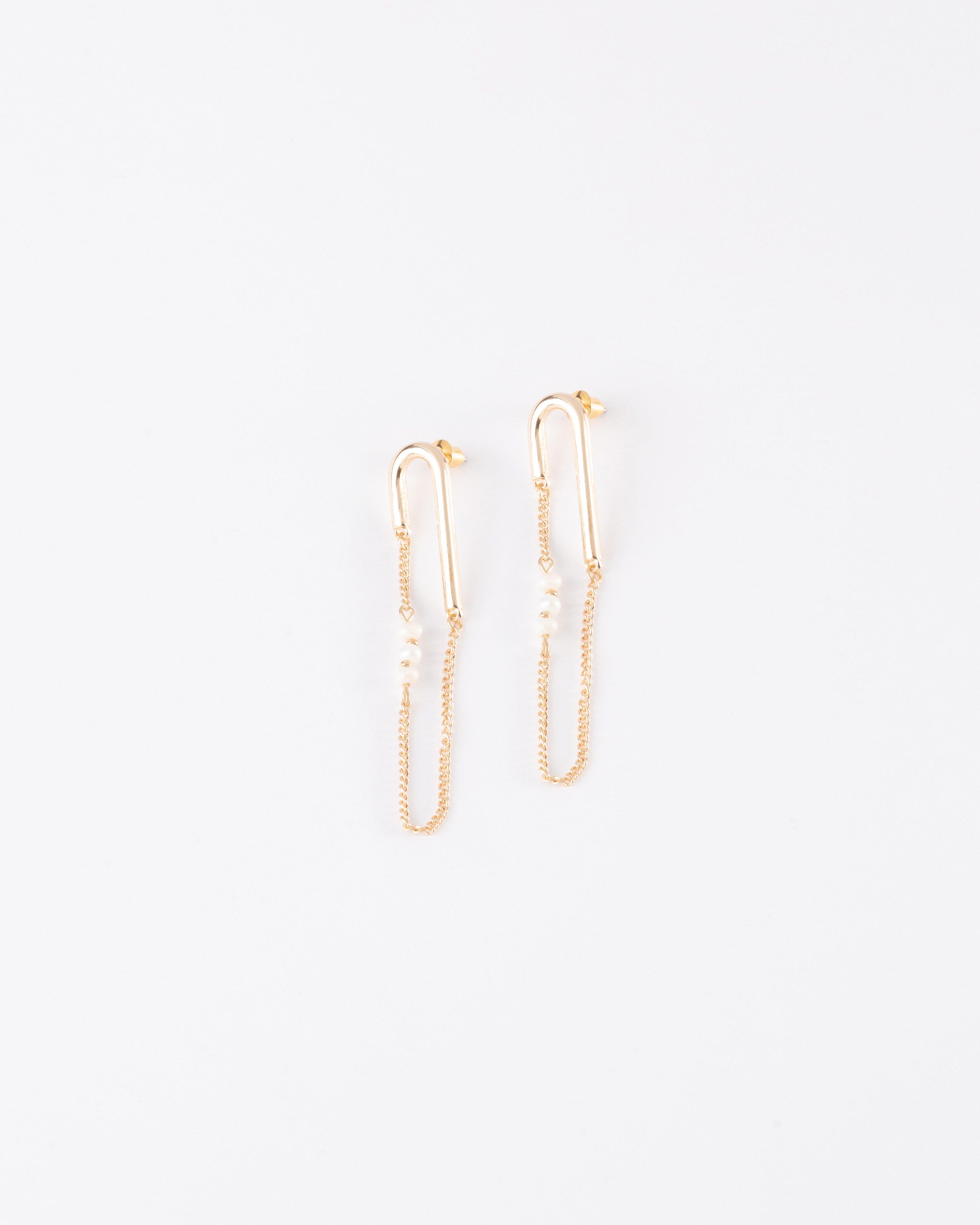 Dangly Freshwater Pearl Chain Earrings -  Gold