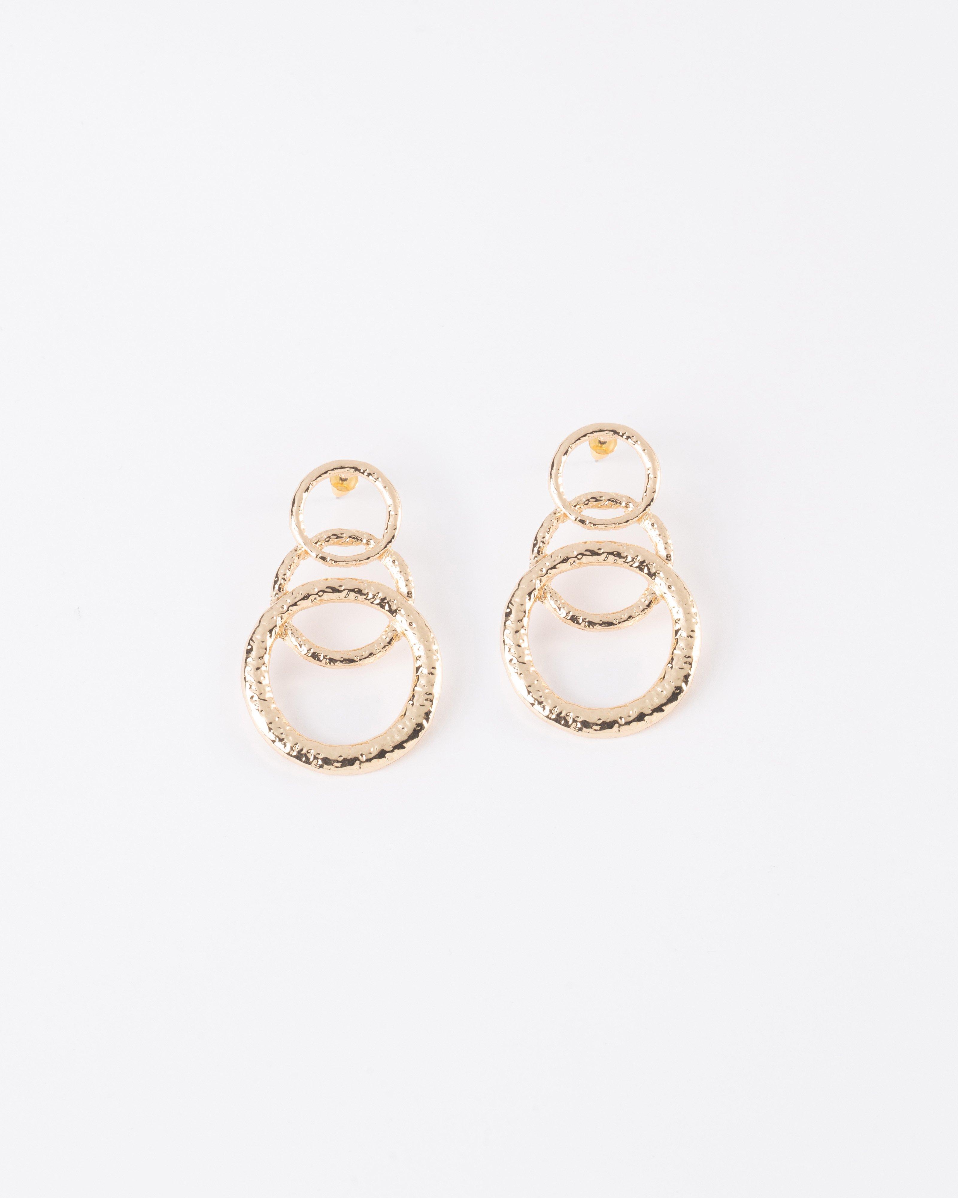  Triple Circular Beaten Textured Drop Earrings -  Gold