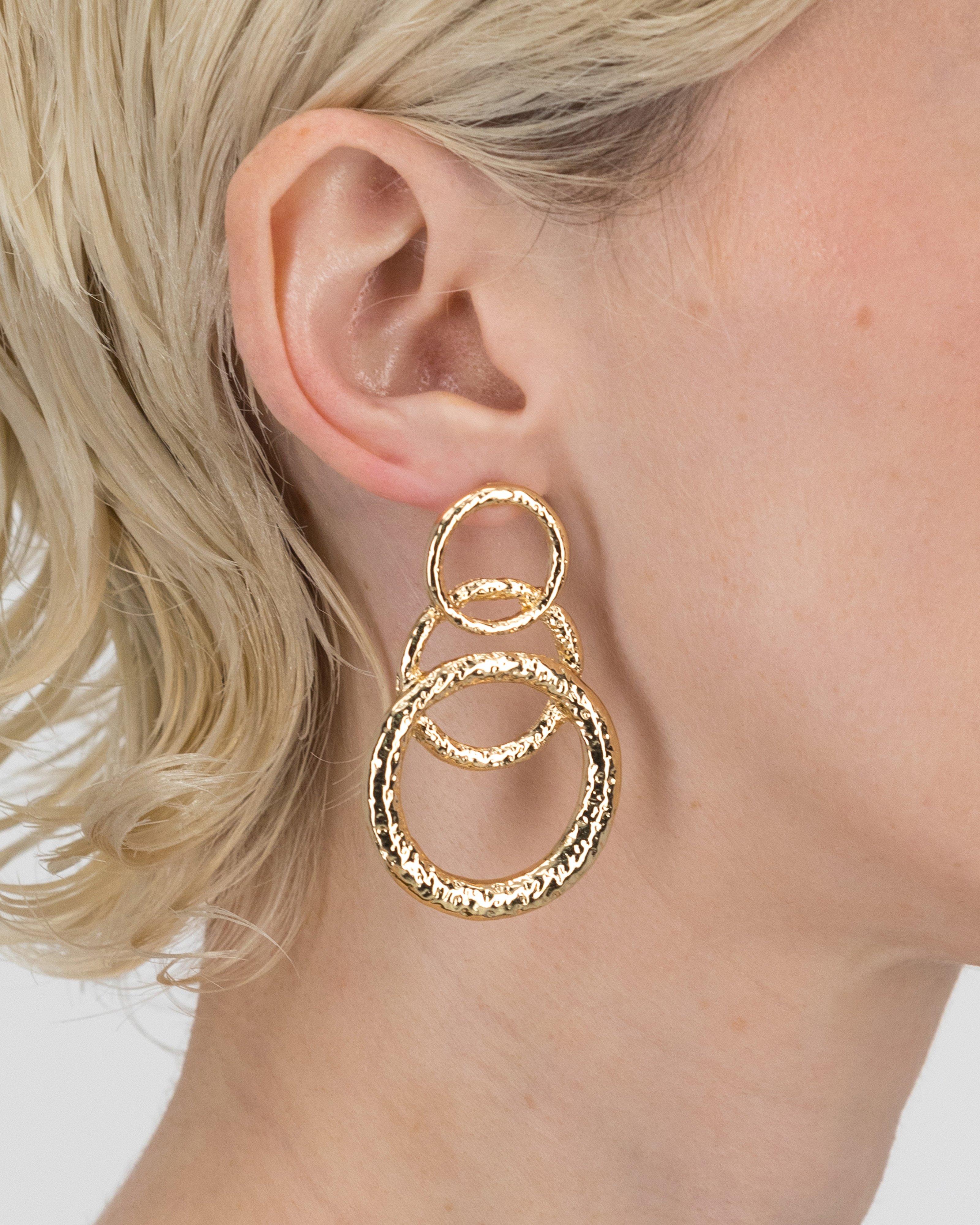  Triple Circular Beaten Textured Drop Earrings -  Gold