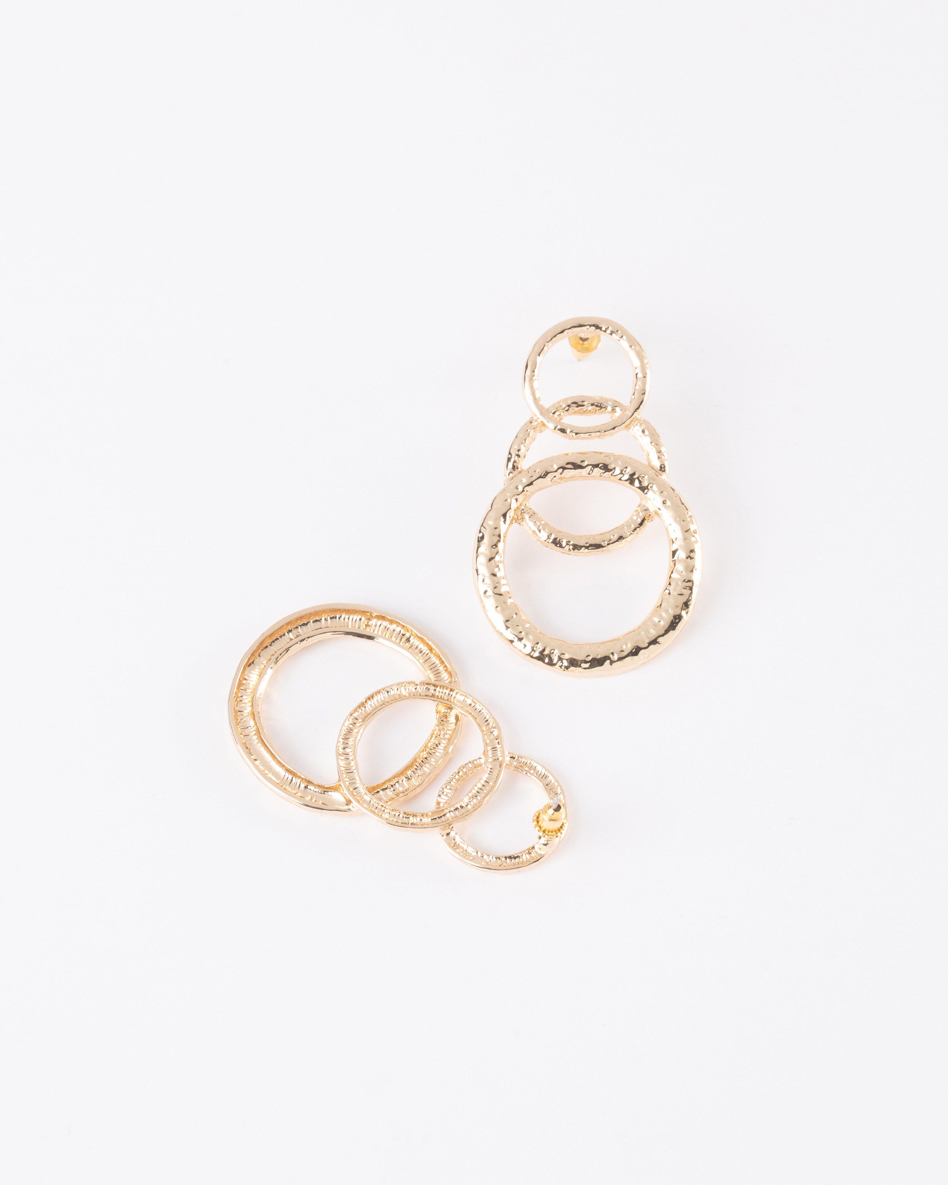  Triple Circular Beaten Textured Drop Earrings -  Gold