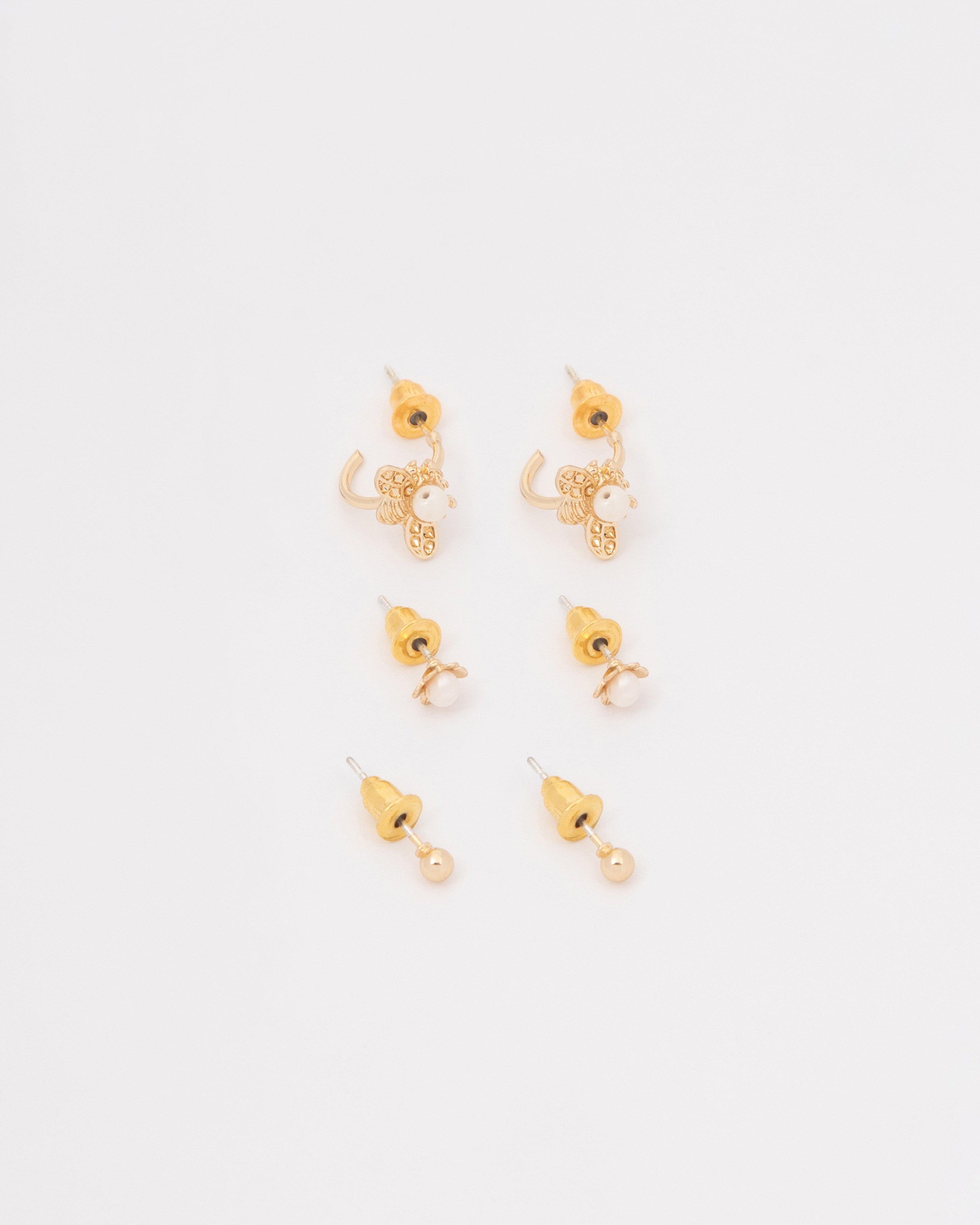  Flower and Bee Earrings Set -  Gold