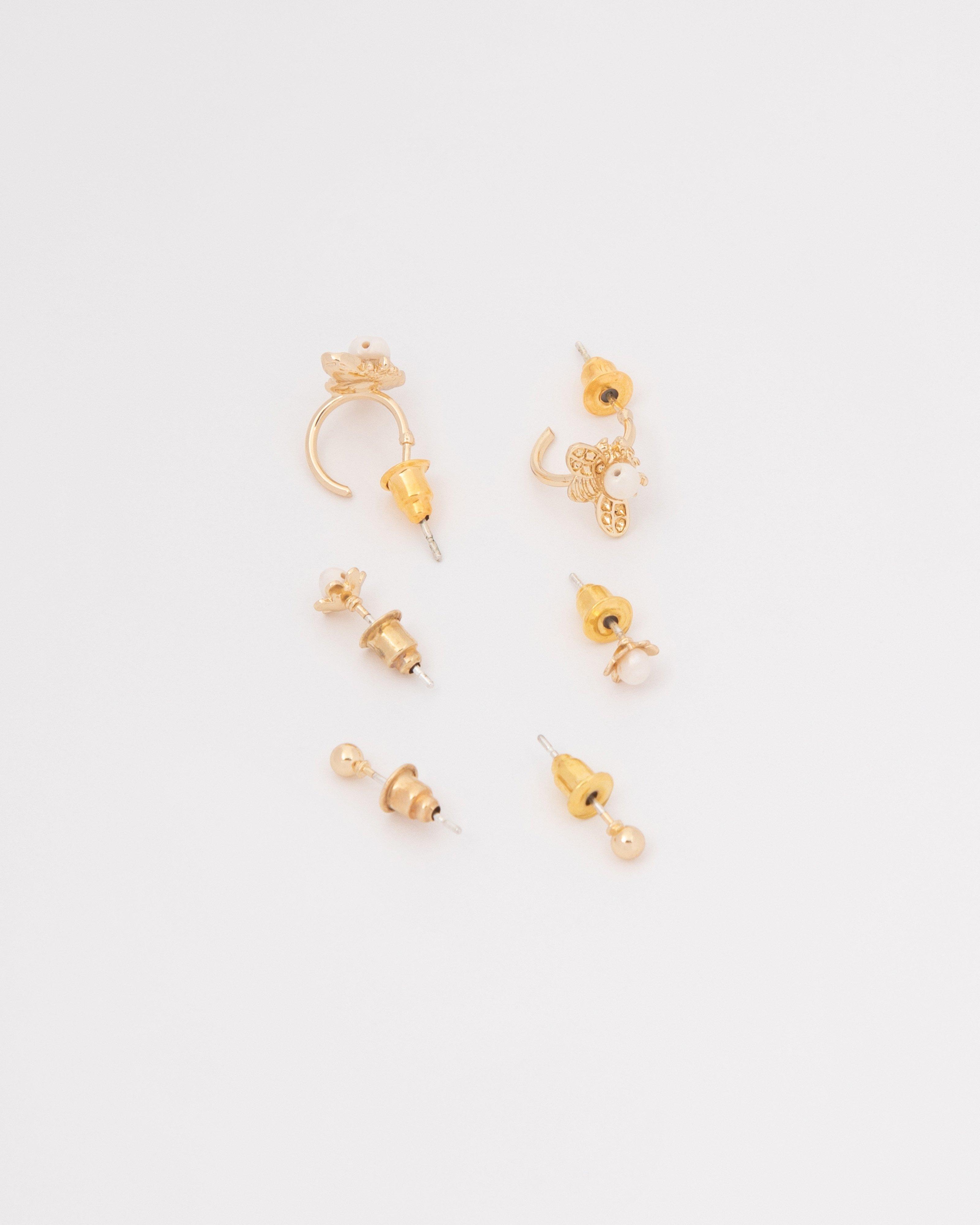  Flower and Bee Earrings Set -  Gold