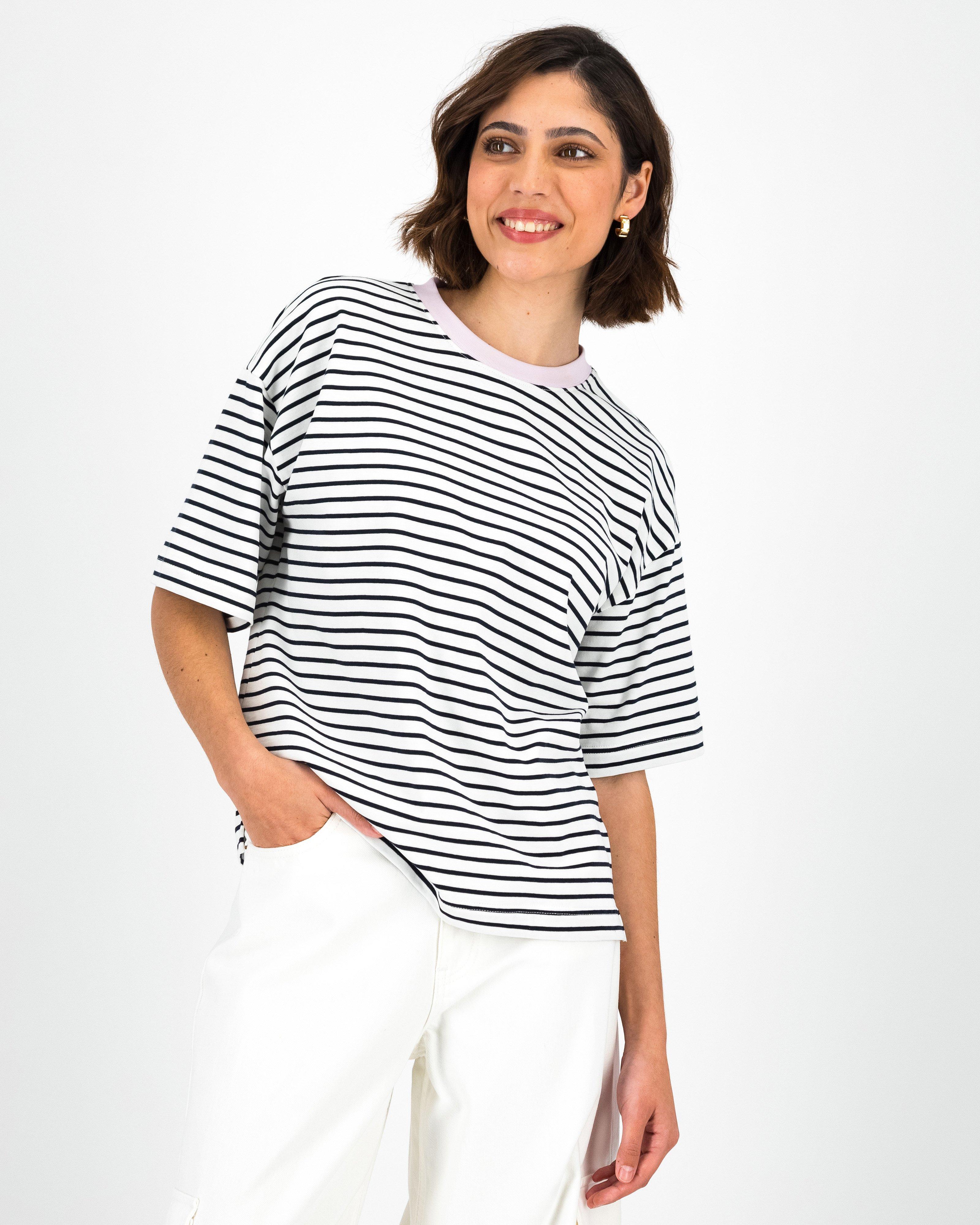 Bekah Stripe T-Shirt Contrast Neck -  Black