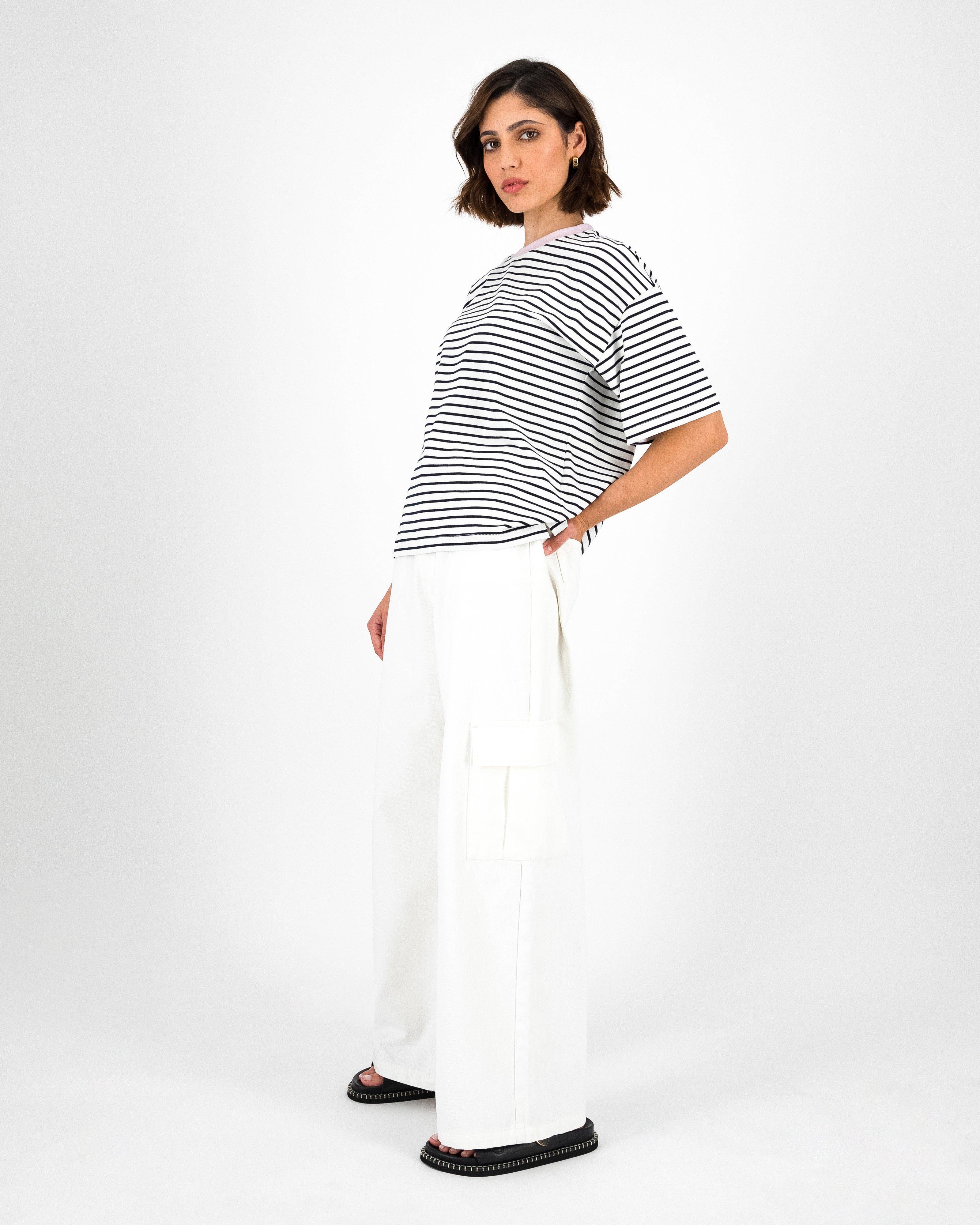 Bekah Stripe T-Shirt Contrast Neck -  Black