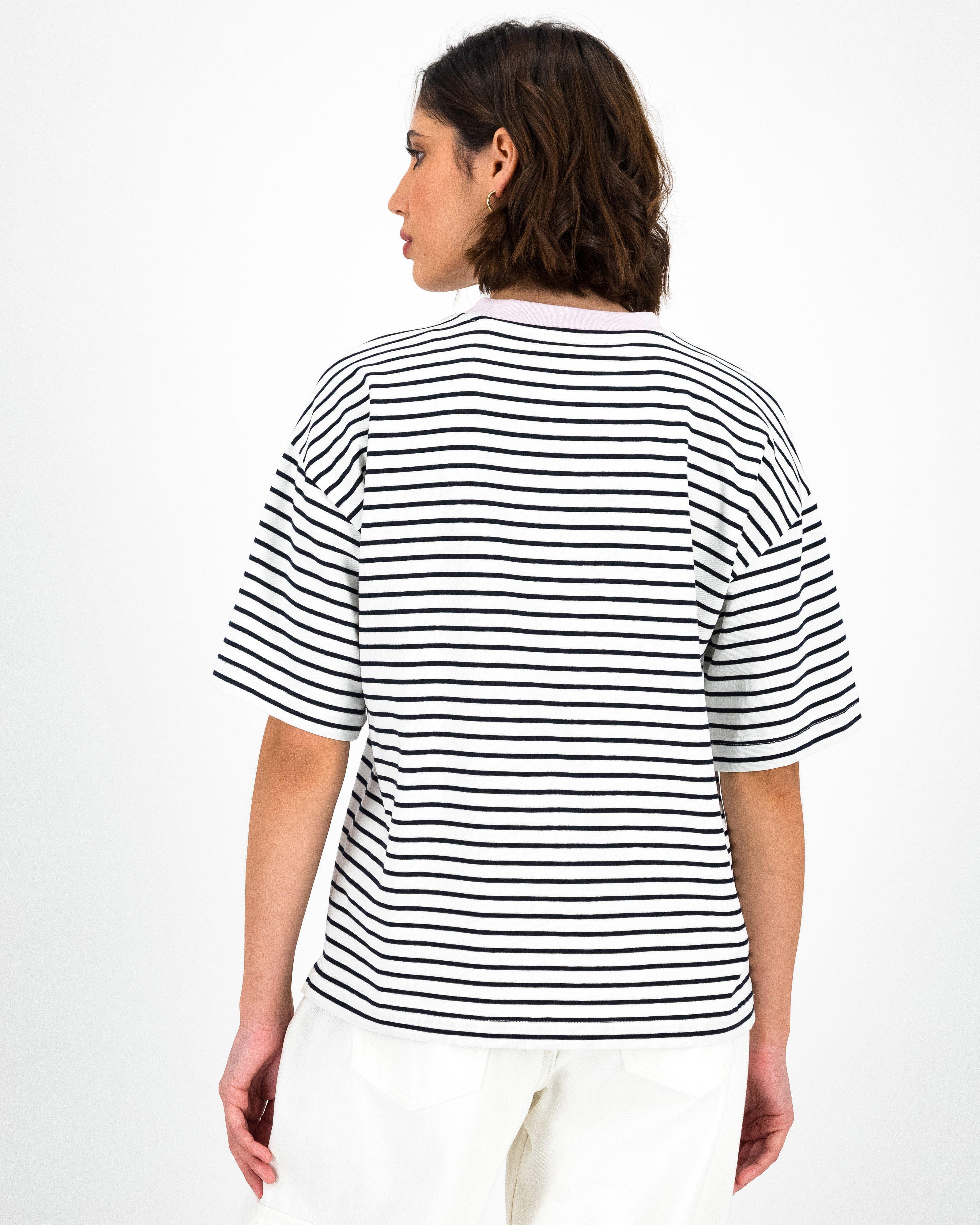 Bekah Stripe T-Shirt Contrast Neck -  Black