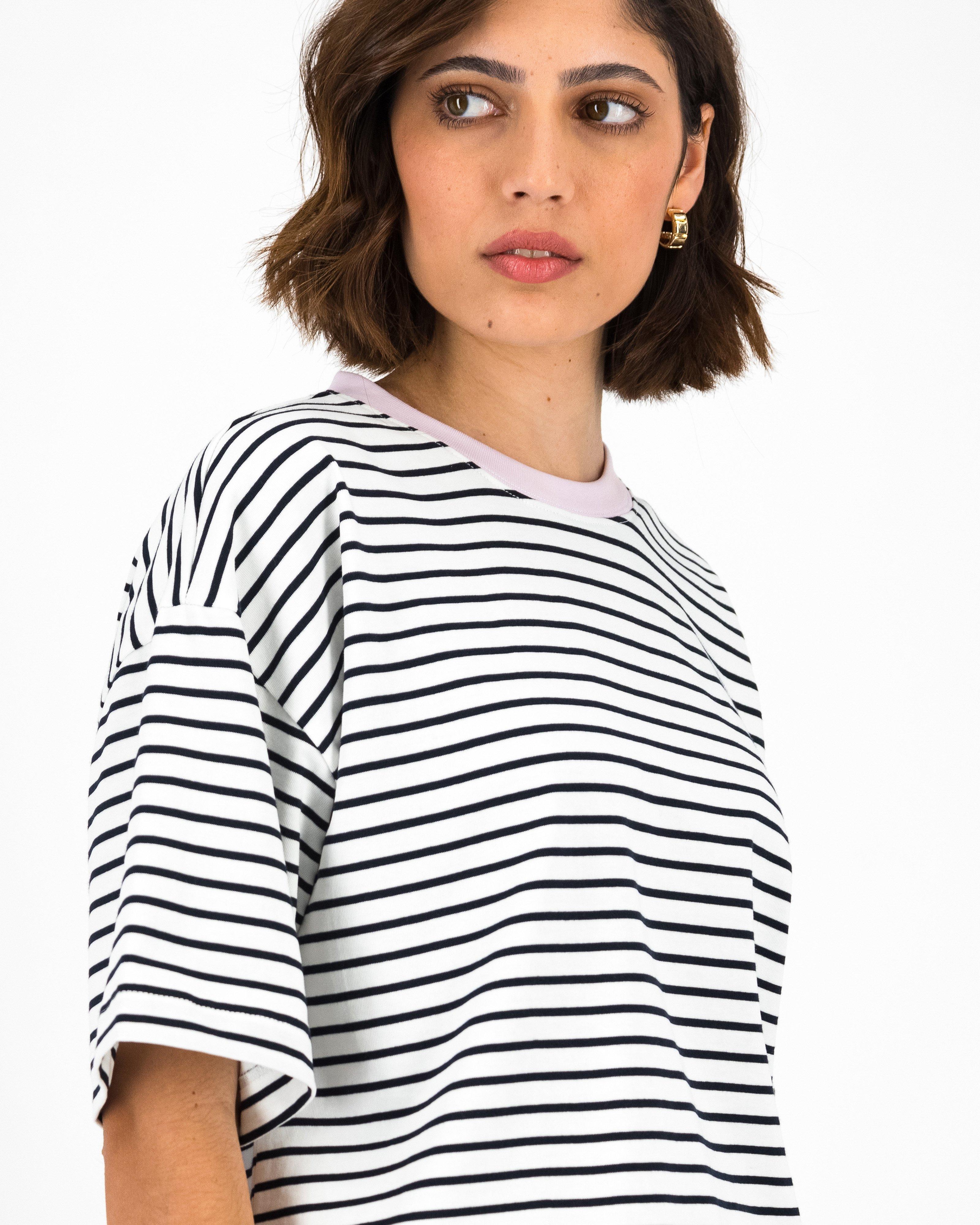 Bekah Stripe T-Shirt Contrast Neck -  Black