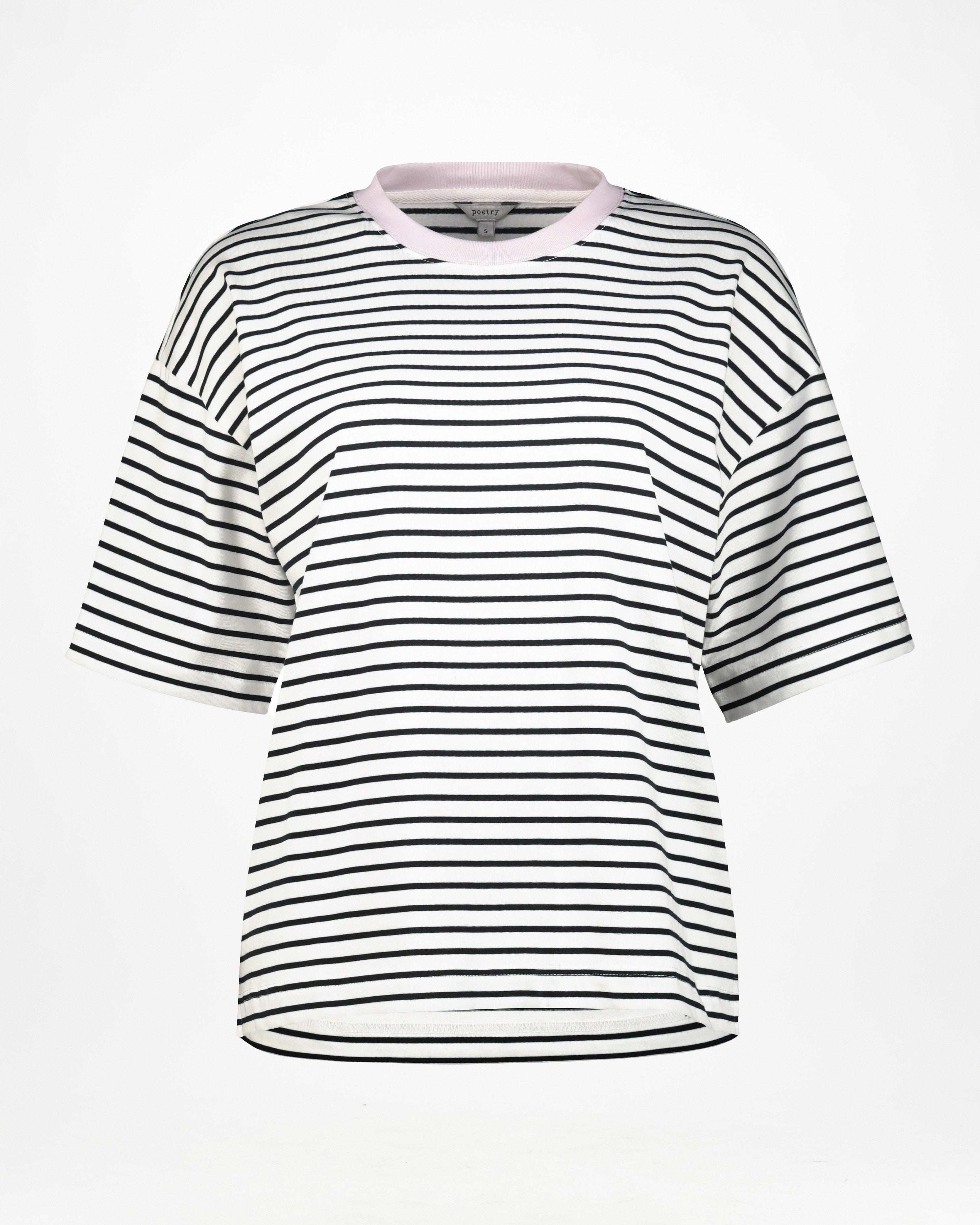 Bekah Stripe T-Shirt Contrast Neck -  Black