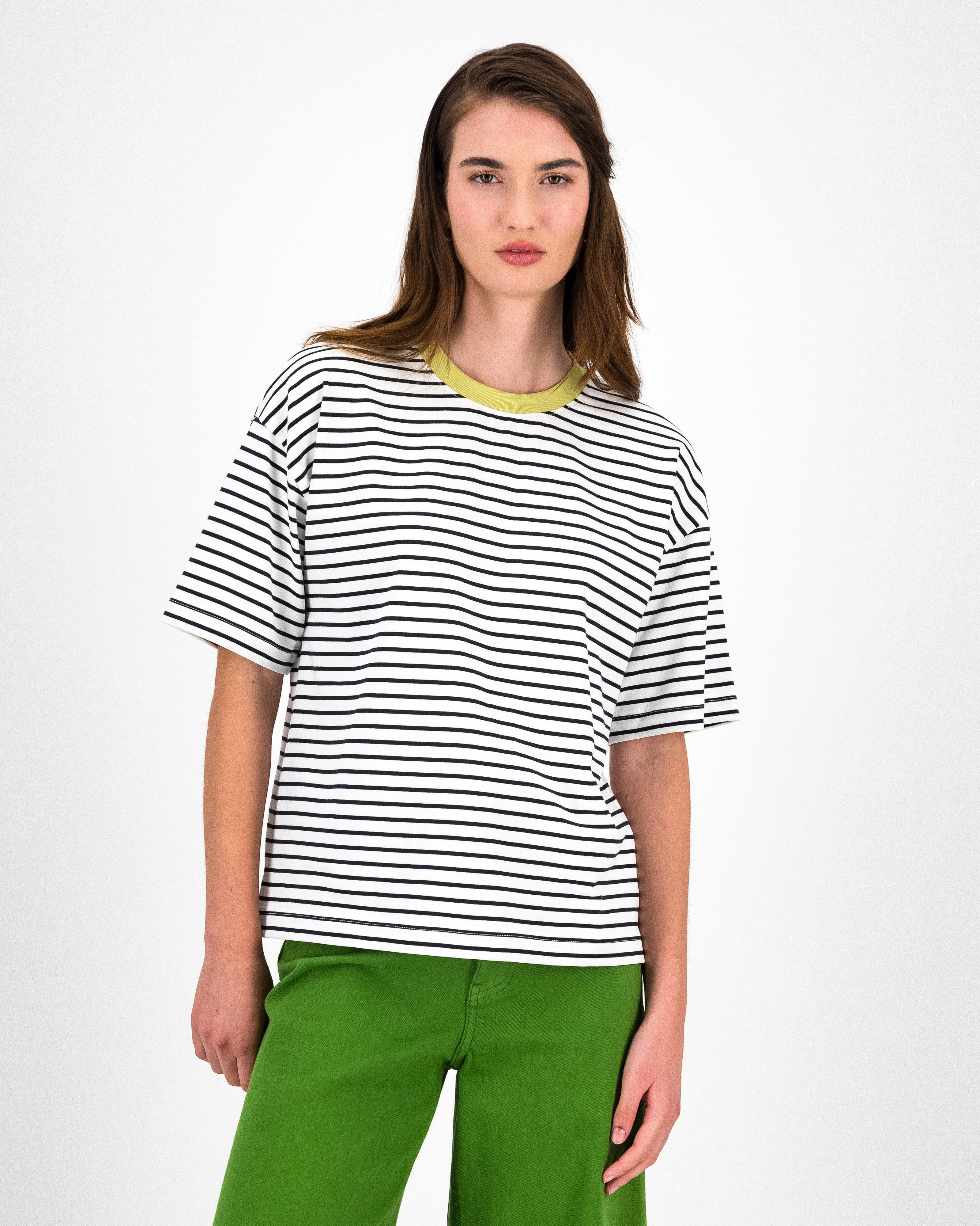 Bekah Stripe T-Shirt Contrast Neck -  Navy